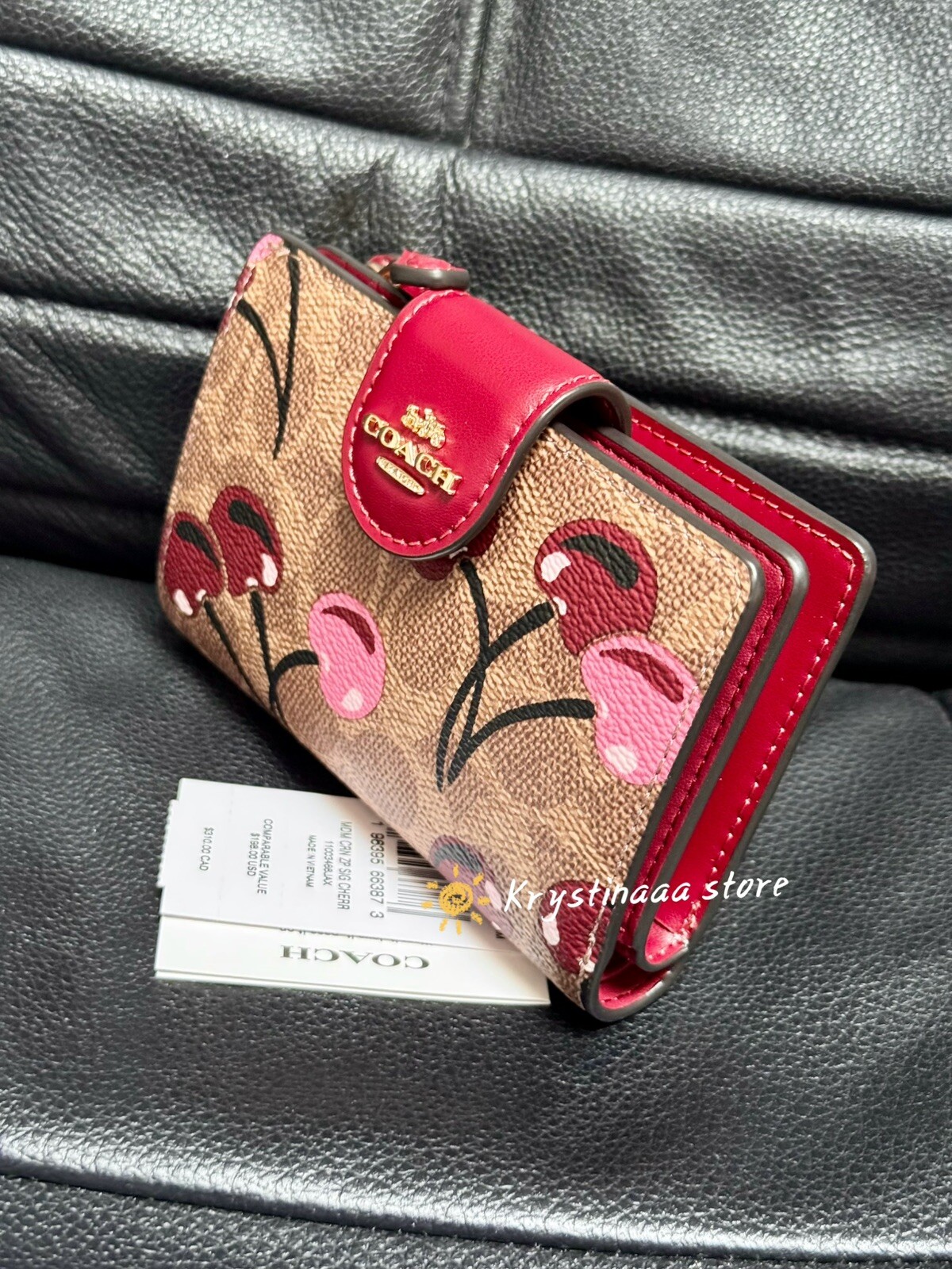 Coach Medium Corner Zip Wallet In Signature Canvas With Cherry Print CZ342 NWT