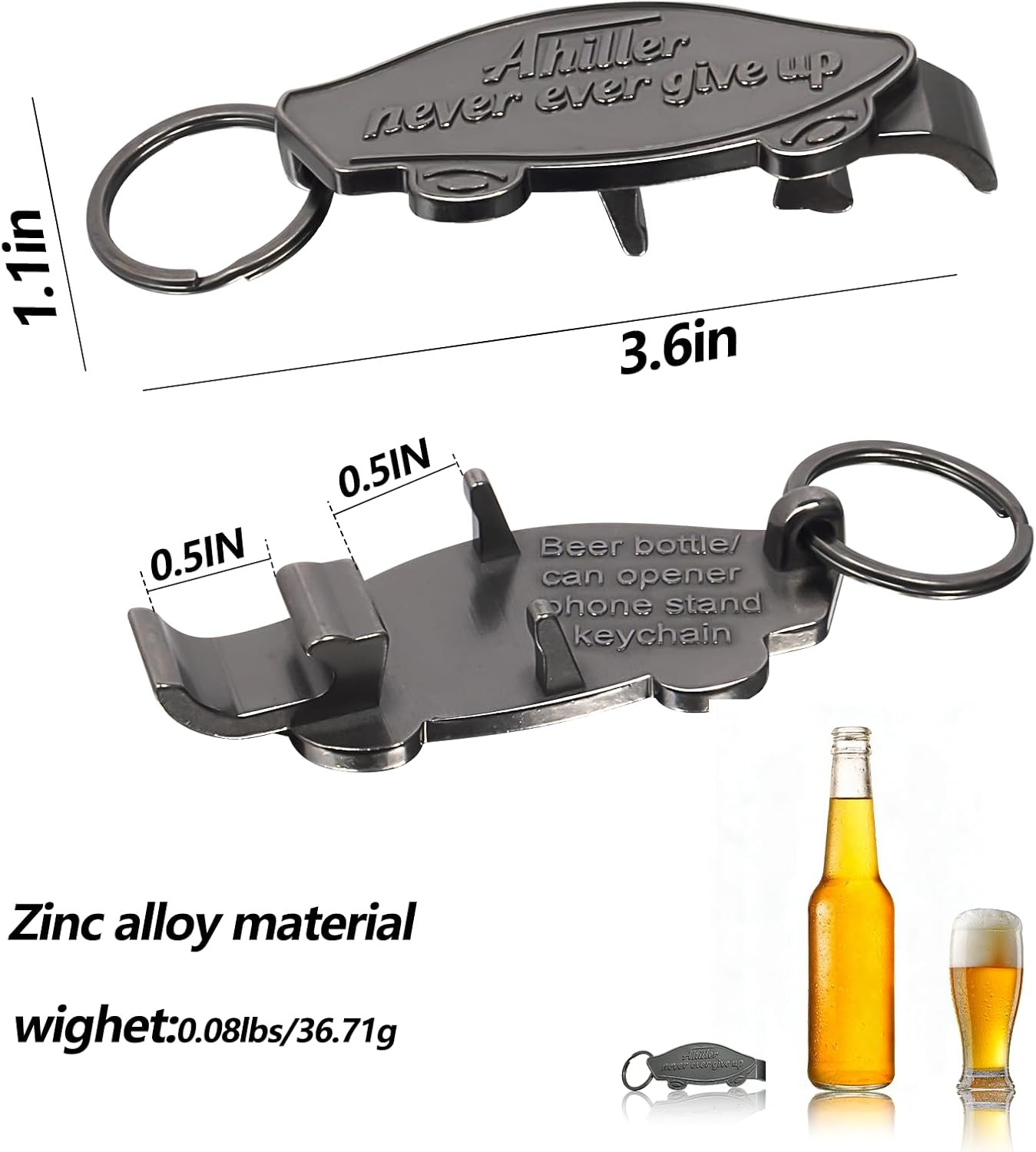 Multi-Functional Keychain & Phone Stand. Opens Beer Bottle and Can Lids. Built-I