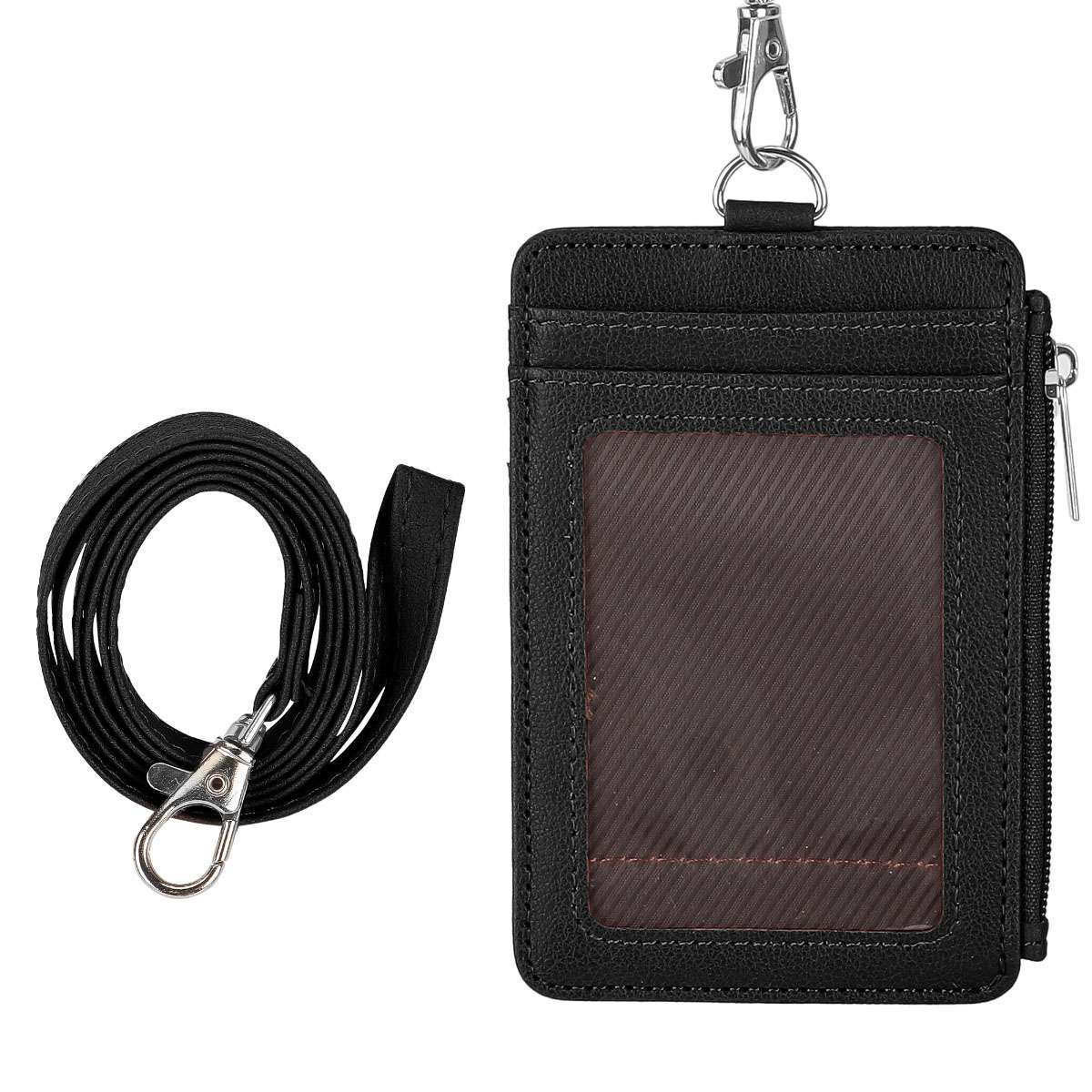 ID Badge Card Holder PU Leather Vertical Clip Neck Strap Lanyard Necklace Case