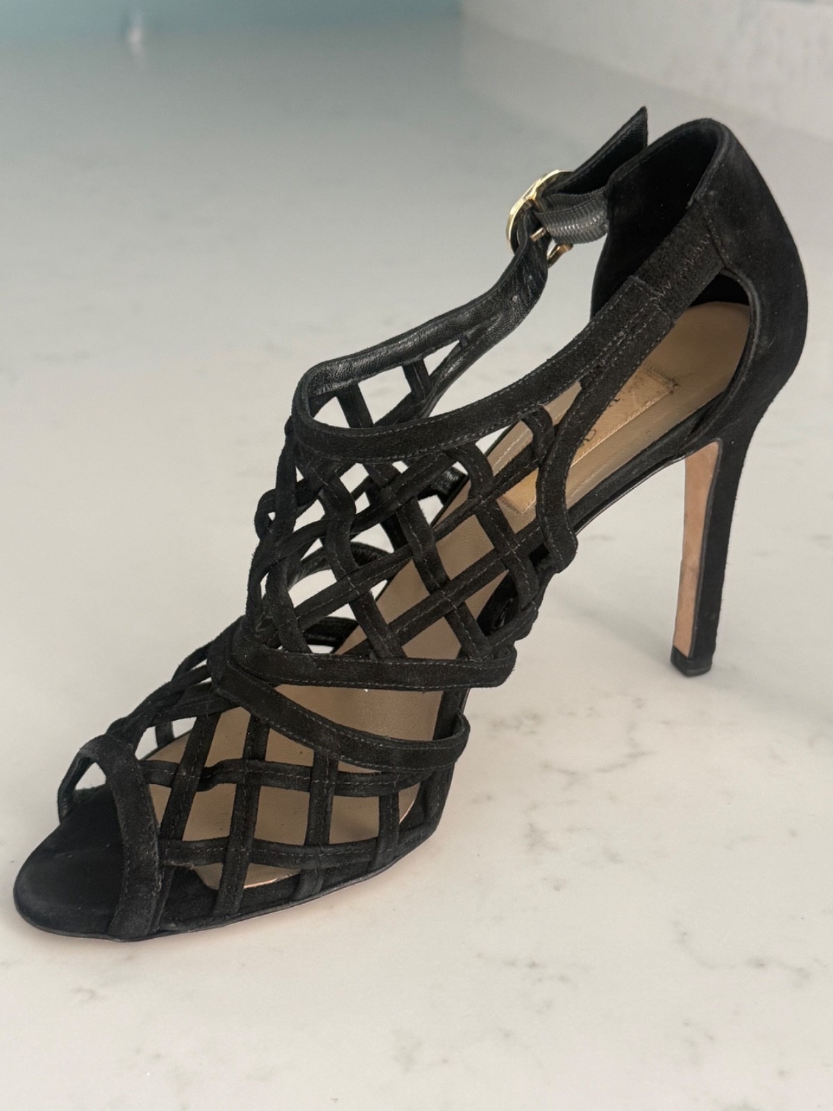 Valentino Garavani Black Suede Caged Lattice Sandals Heels Pump 37.5 Box Luxury