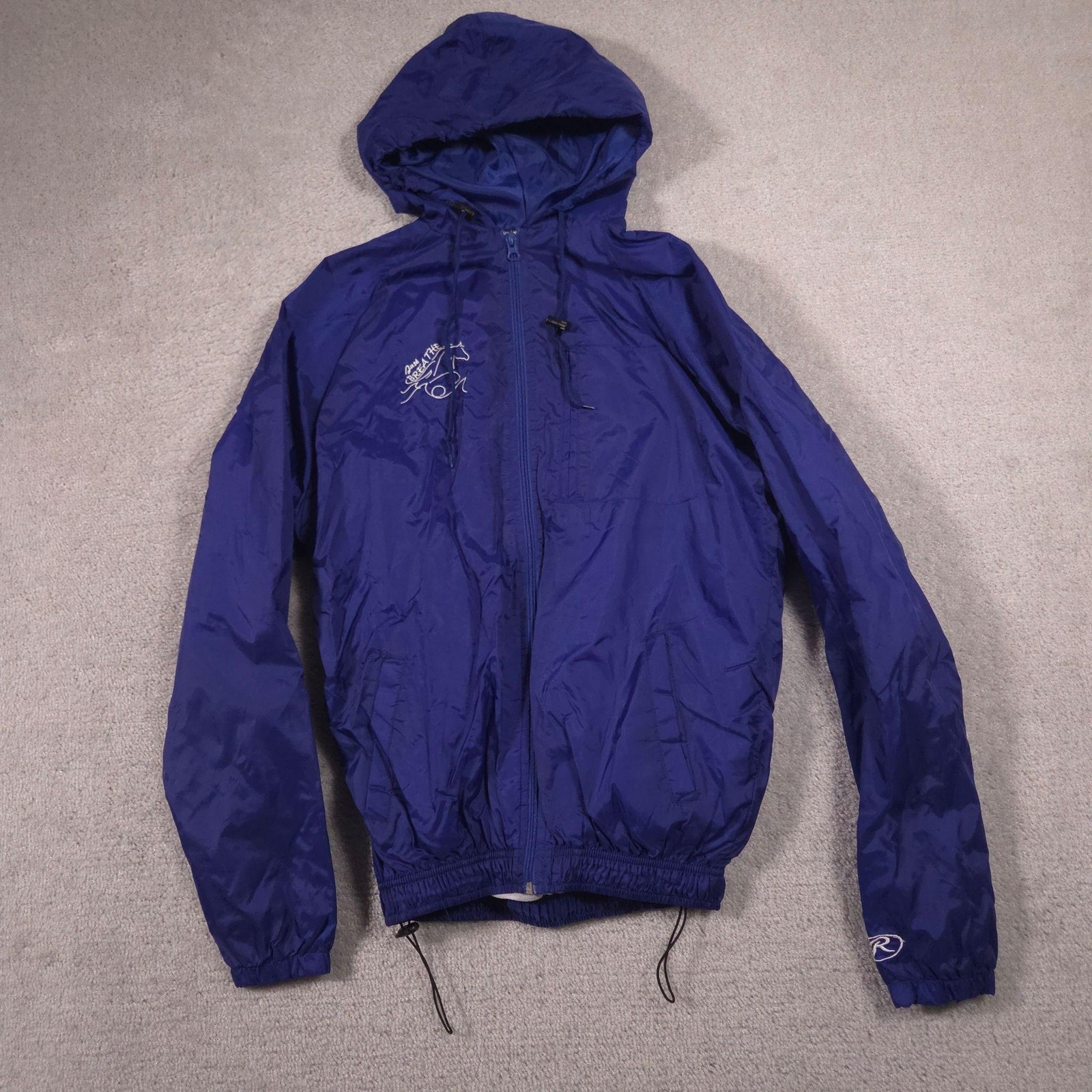 Rawlings Jacket Mens Small Blue Hooded Windbreaker Just Breathe Horse Riding