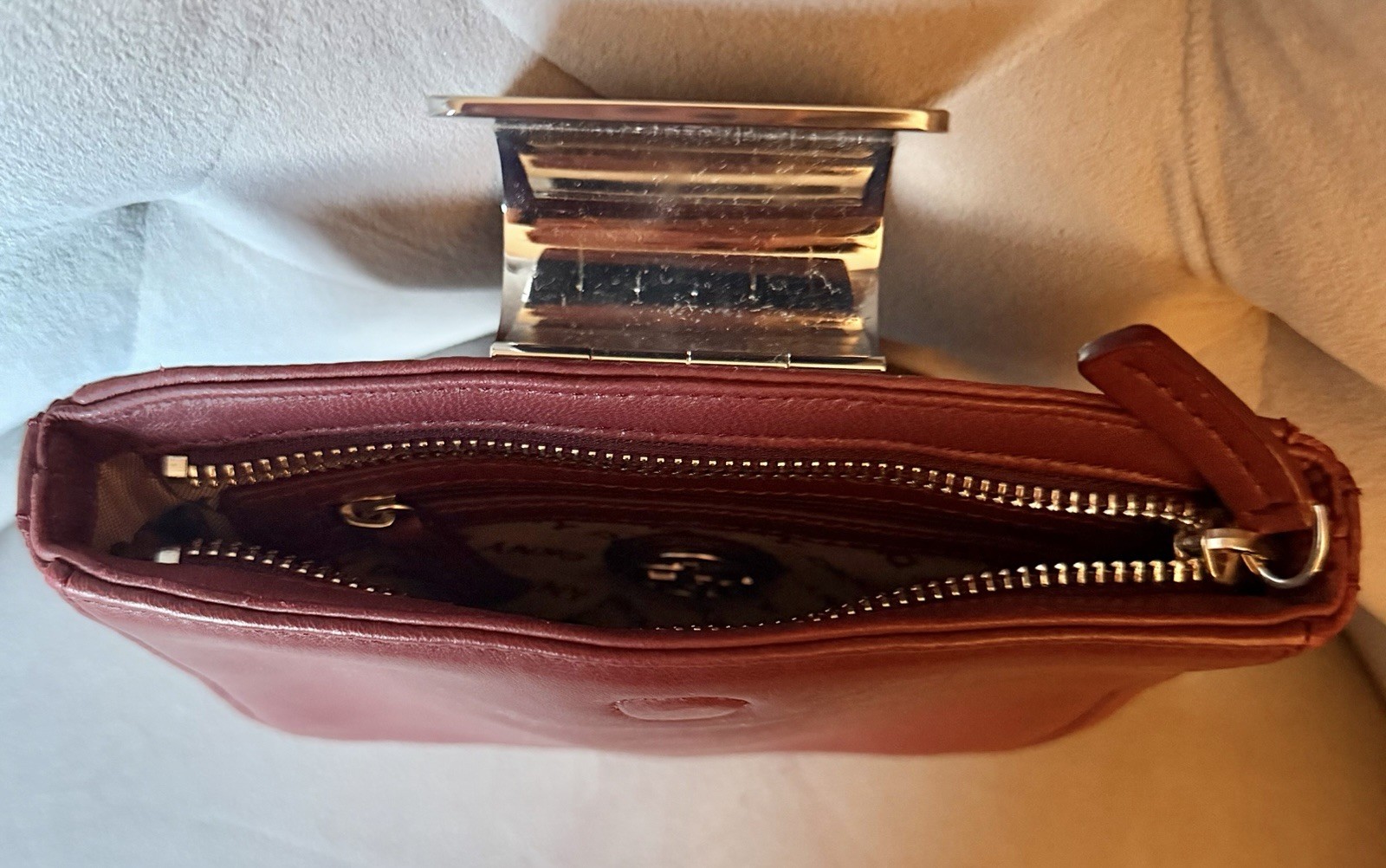 Vintage DKNY Burgundy Leather Clutch Bag with Metal Clasp & Dust Bag EUC