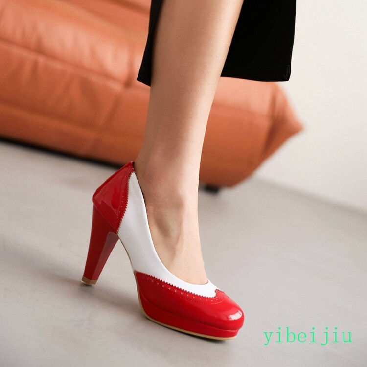 Women’s Fashion High Heel Dress Pumps Two Tone Colorblock Leather Shoes Wing Tip
