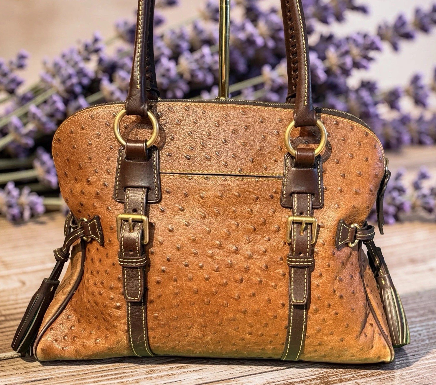 Dooney Bourke Chestnut Cognac Brown Ostrich Embossed Leather Large Satchel Bag