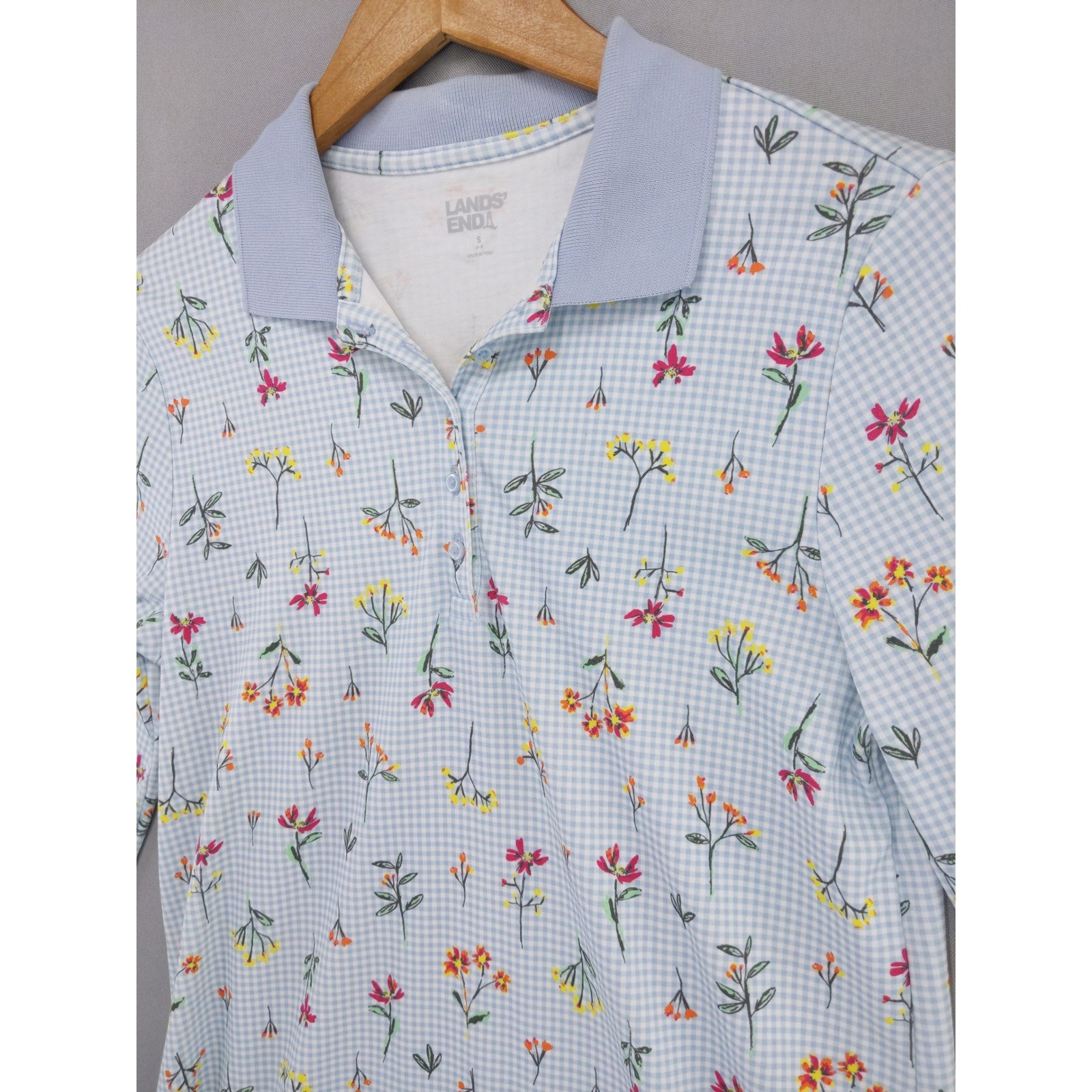 Lands’ End Polo Shirt Womens S Blue Floral Gingham 3/4 Sleeve Cotton Blend
