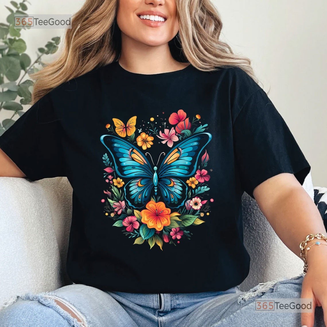 Aesthetic Butterfly With Flowers Shirt, Beautiful Floral Butterfly Graphic Tee