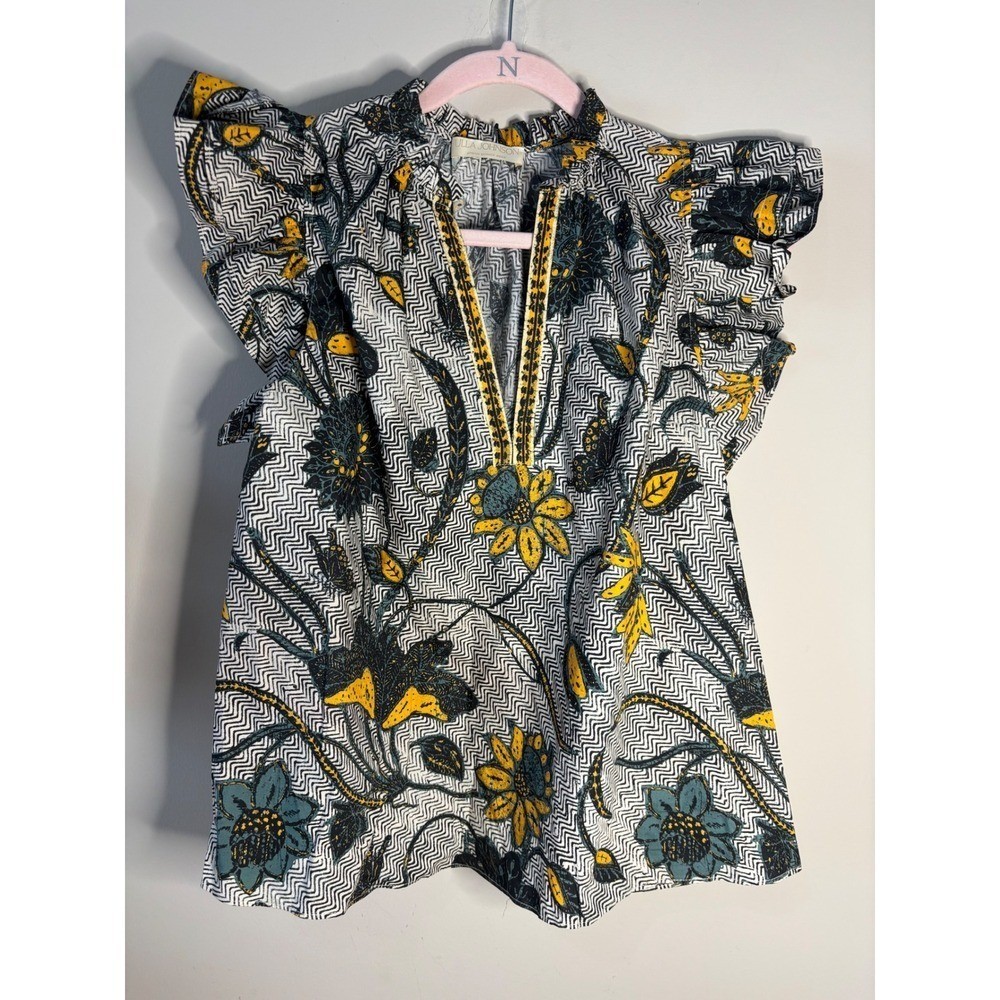 ULLA JOHNSON Spring Summer 2022 Womens Size 6 Cotton Floral Ruffle Sleeve Top