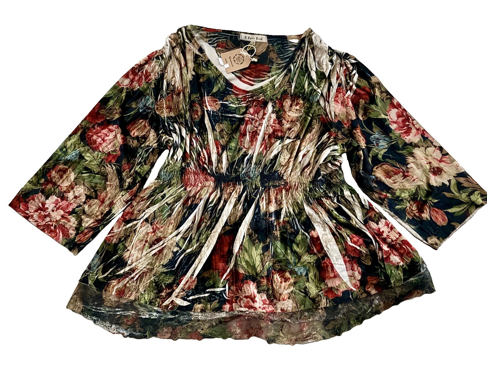 A Rare Bird NWT Floral Crushed Velvet Tunic Top w Pockets & Lace One SZ S M L XL