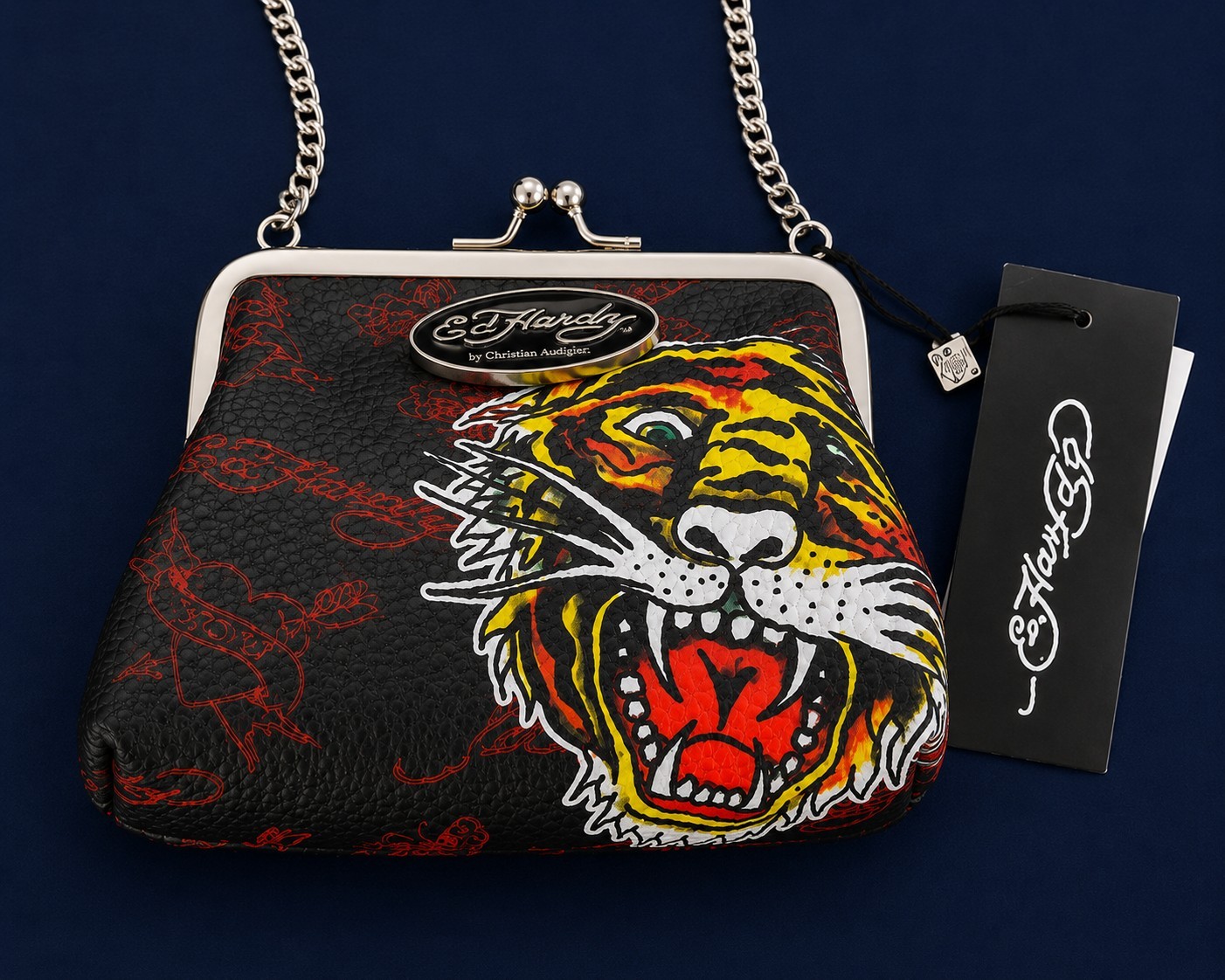 Ed Hardy Tiger Animal Print Kiss Lock Clutch w Chain Strap Detachable, Black