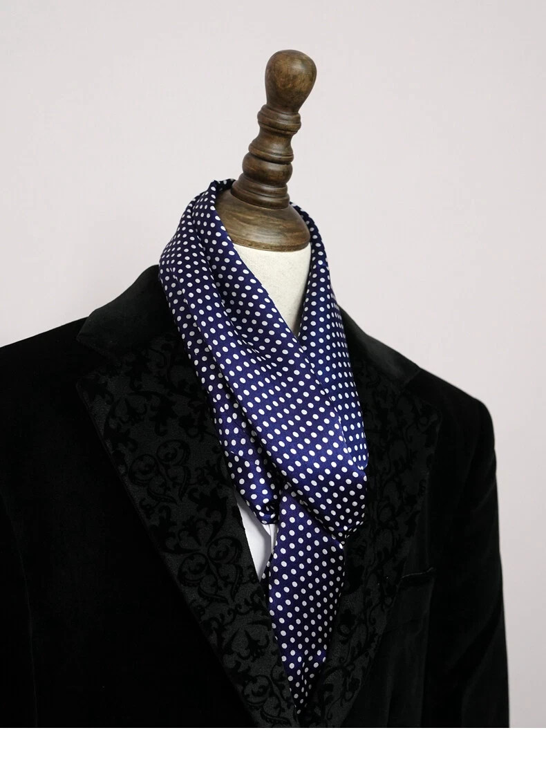 Mens 100% Silk Scarf Vintage Blue Polka Dot Double Layer Long Neckerchief