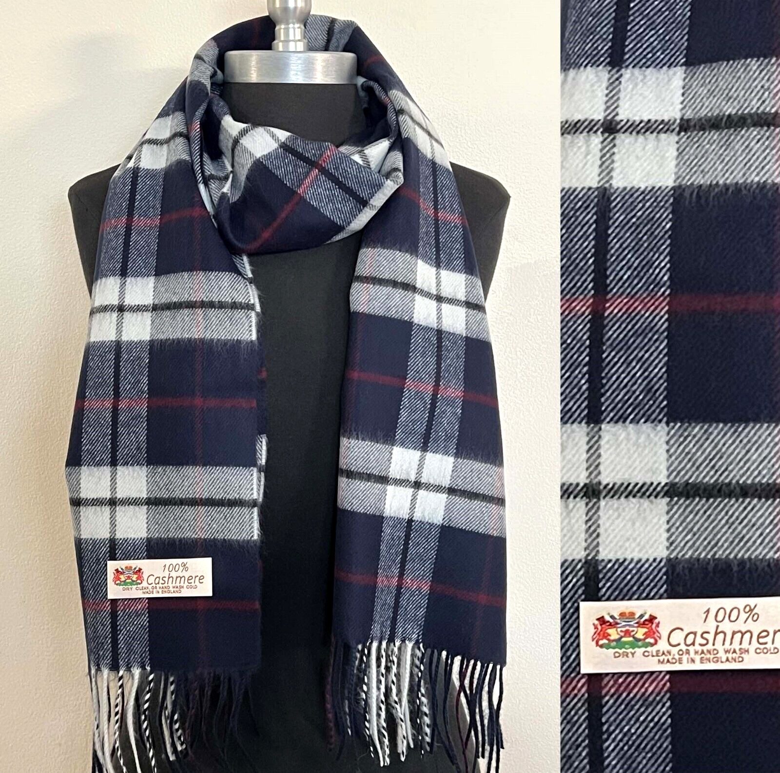 100% CASHMERE SCARF Wool Wrap Plaid Dark Blue / White / Berry #L101