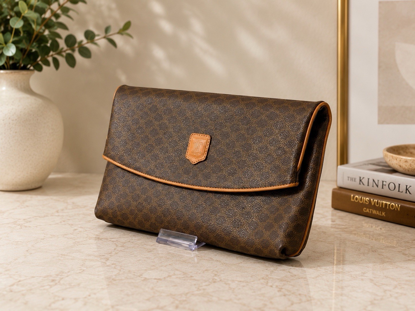 CELINE Brown Logo Foldover Clutch Pouch with Inner Pockets