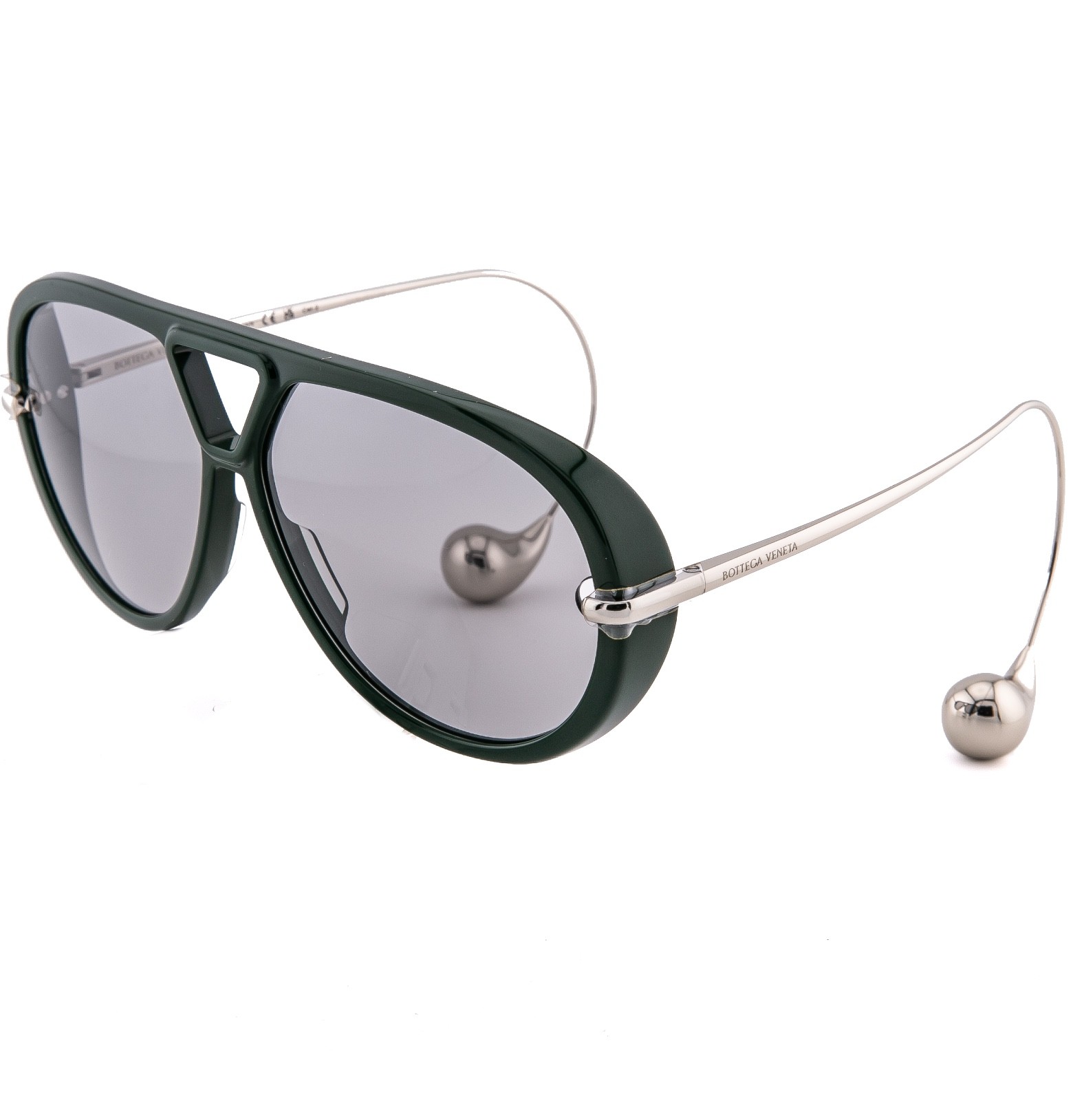 BOTTEGA VENETA 1273 DROP BV1273S Metal Silver Green Unisex Pilot Sunglasses 008