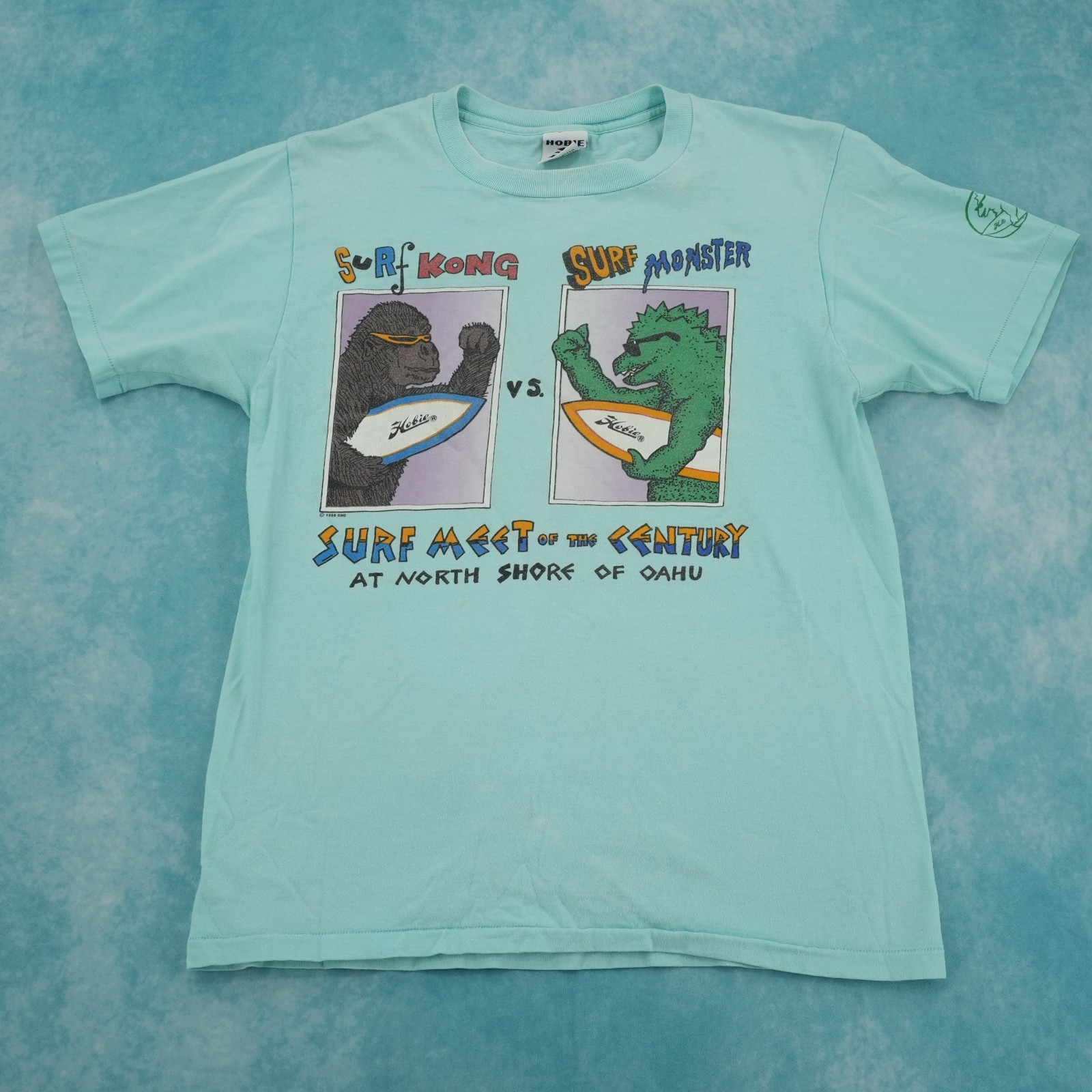 Vintage 80s Hobie Surf Godzilla King Kong Graphic T-Shirt USA Made Light Blue L