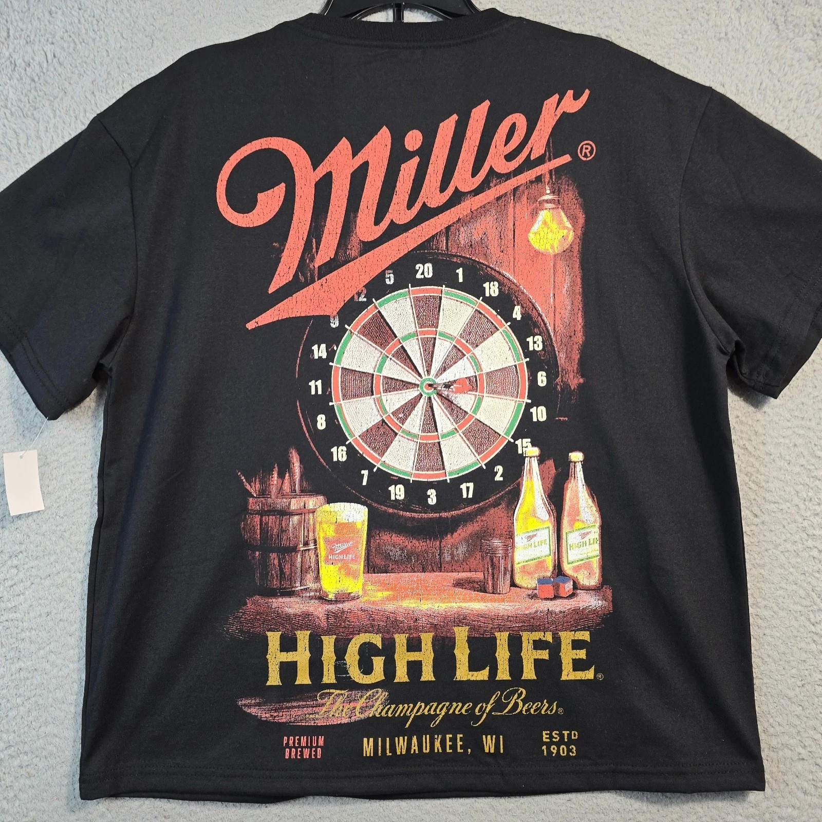 MILLER HIGH LIFE Beer Shirt Mens Large Black Distressed Hunting Casual tee NWT