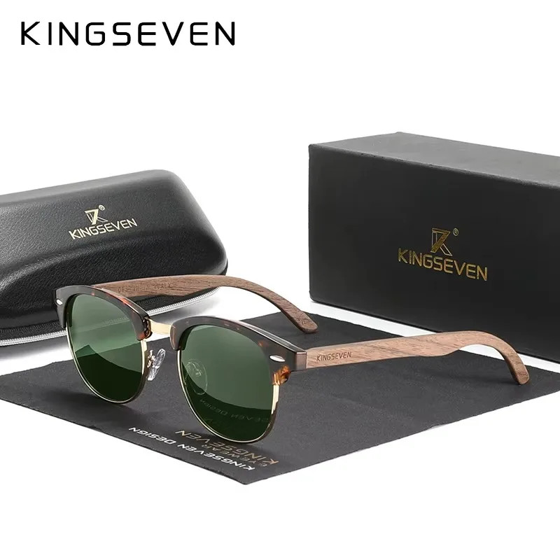 KINGSEVEN Polarized Walnut Wood Sunglasses UV400 Round Frame Men Women