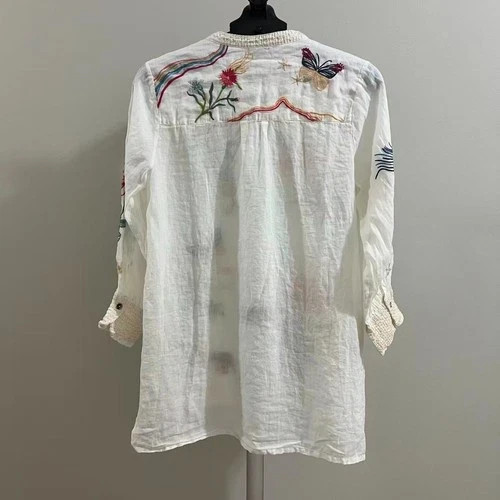NWOT Johnny Was 100% Ramie Embroidered Floral Button-Down Tunic Shirt Blouse S