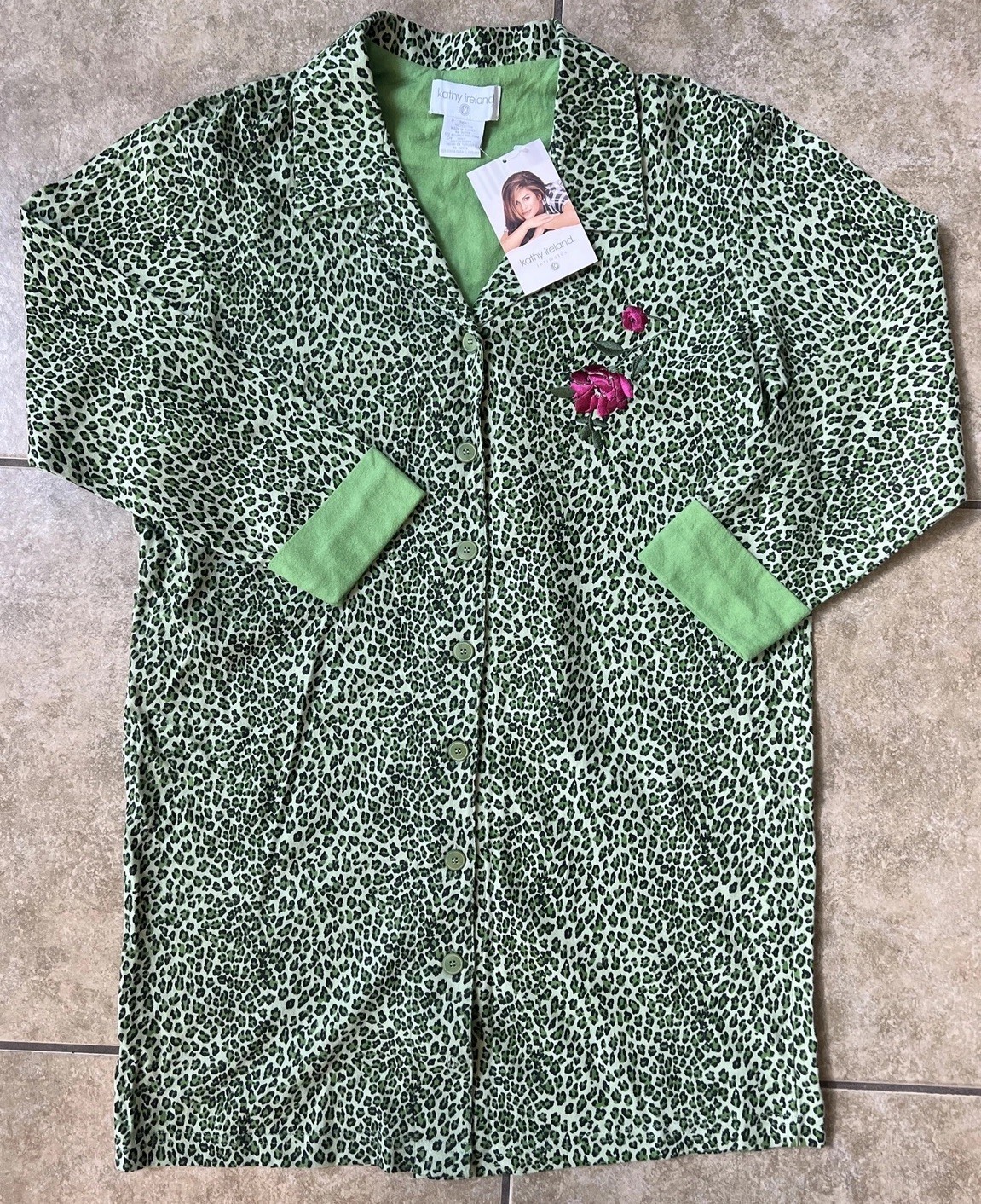 New Kathy Ireland Green Flannel Nightgown Size Small Vintage K-Mart Cheetah