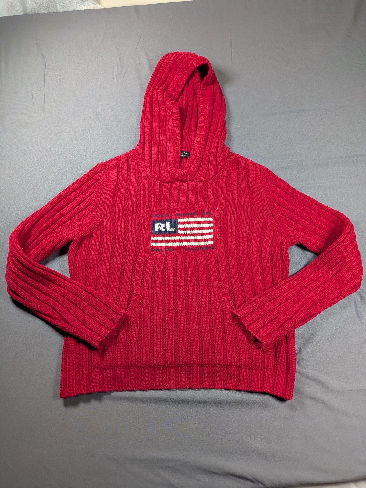 Polo Jeans Co Ralph Lauren Sweater Womens XL Red Hooded USA Flag Kangaroo Pocket