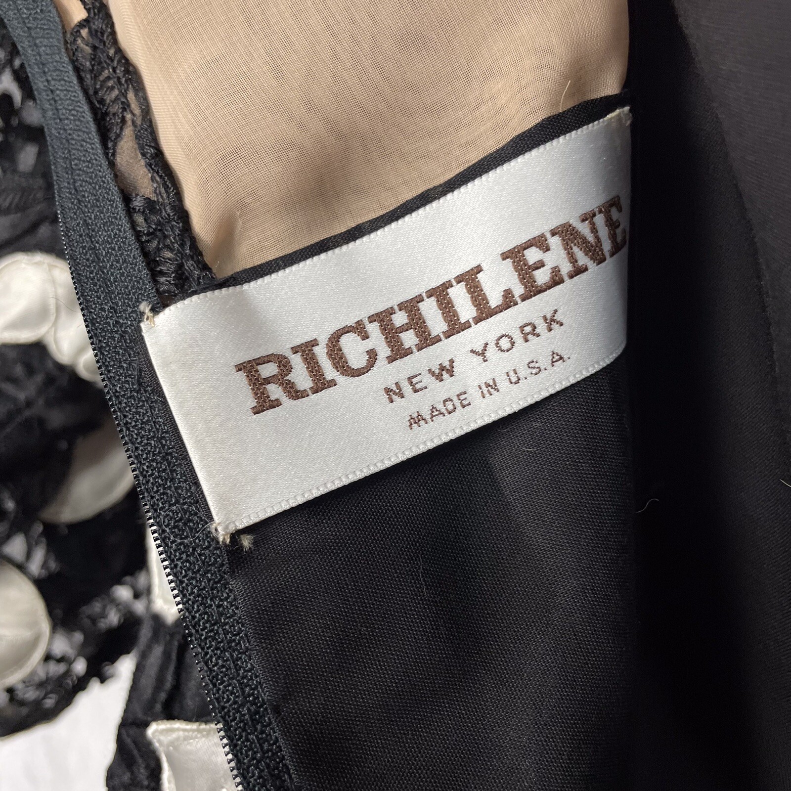 VTG Richilene New York Appliqué Dress Black White Floral Lace 14 L Union 80s USA