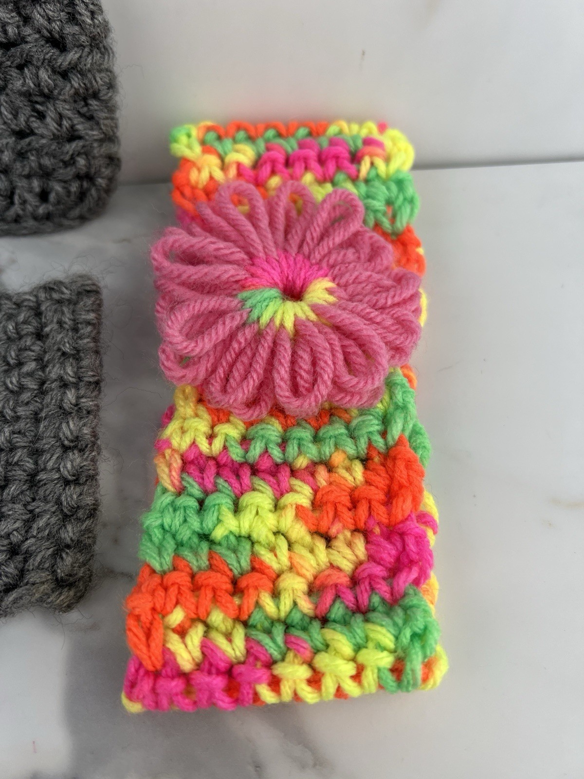 Handmade Crochet Headband Ear Warmer Gray Multicolor Flower Accents Set of 3