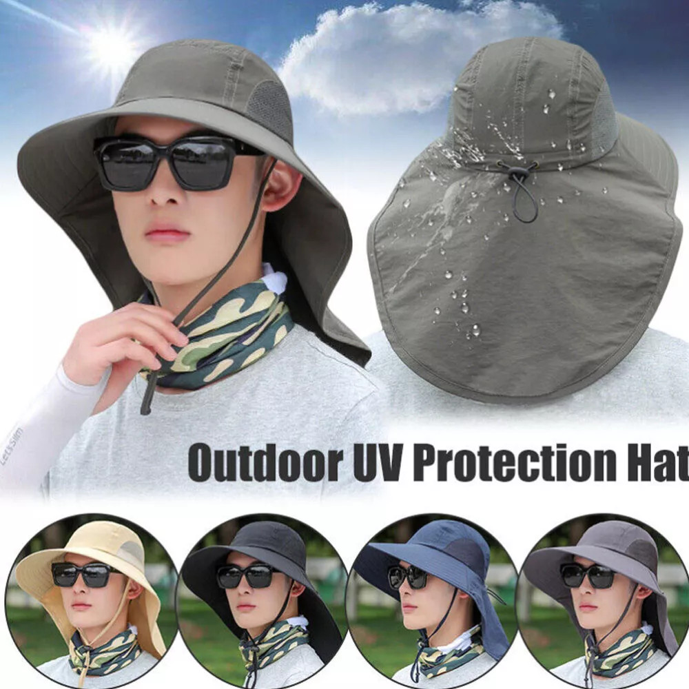 Wide Brim Sun Hat with Neck Flap UV Protection Hiking Fishing Cap for Men Women
