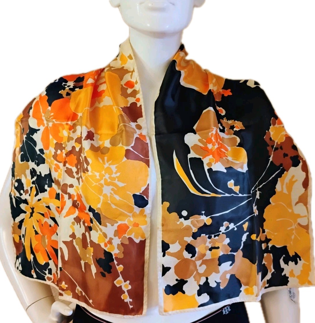 VTG “Totes” Rain Repellent Black, Orange, Yellow & Tan Abstract Floral Scarf