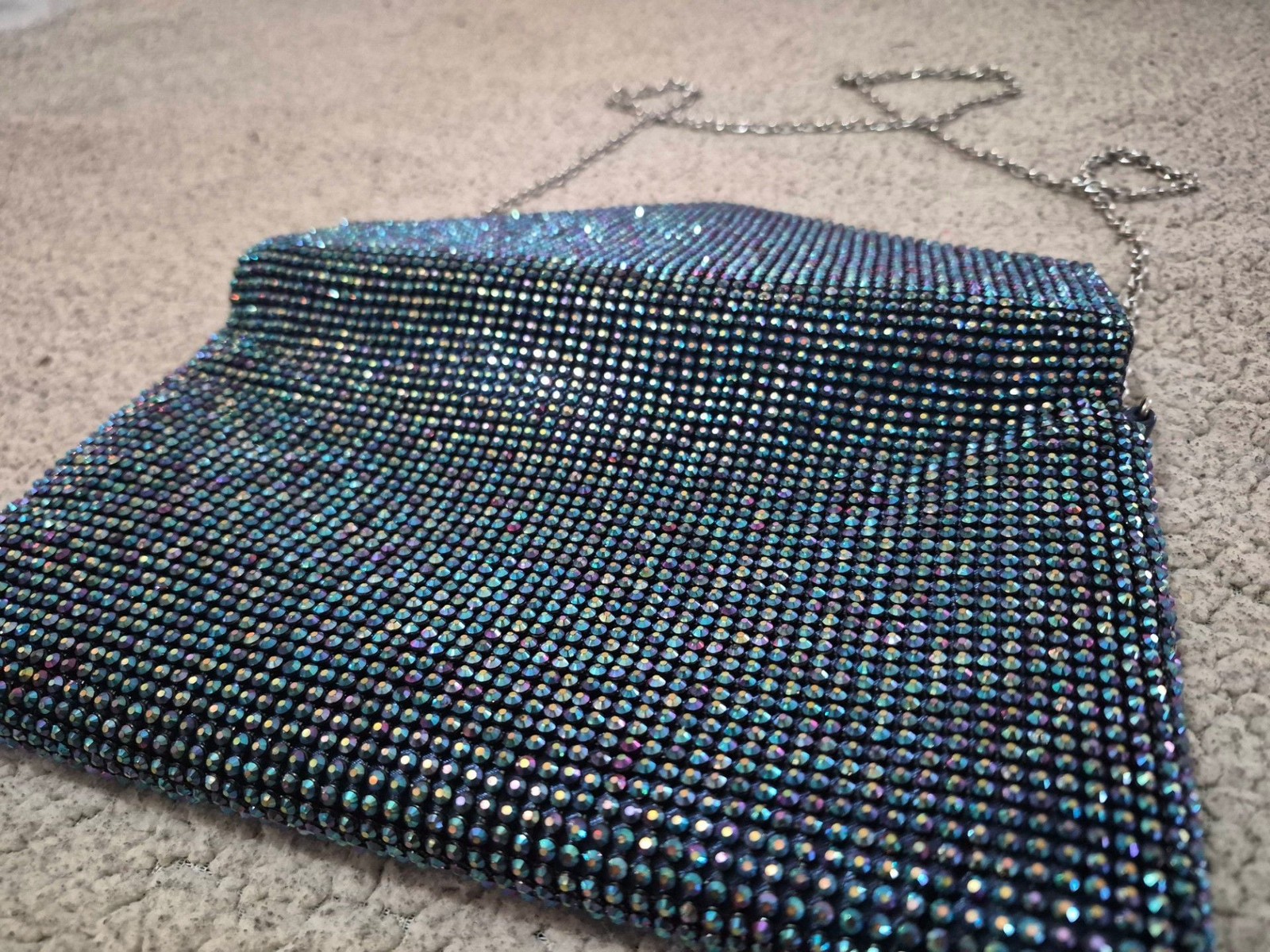 La Regale Iridescent Rhinestone Envelope Clutch with Chain Strap