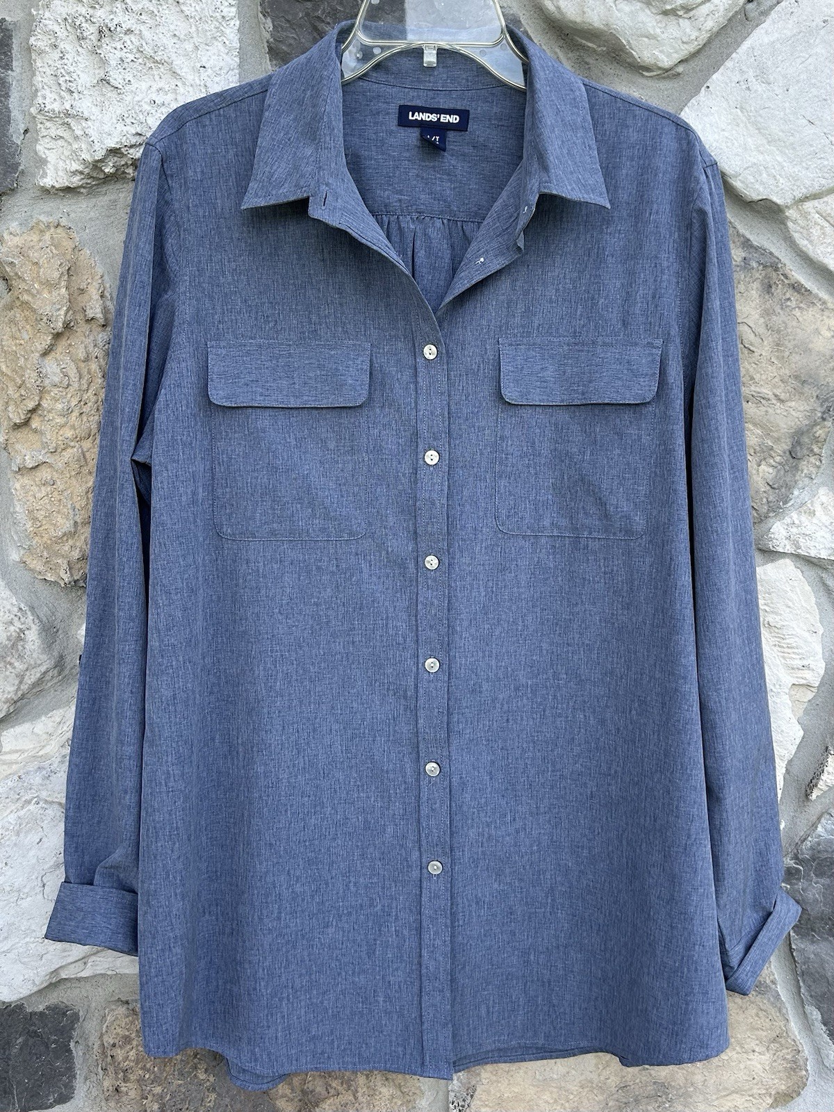 Lands End Button Up Shirt Large TALL Blue Performance Material Beach Outdoor