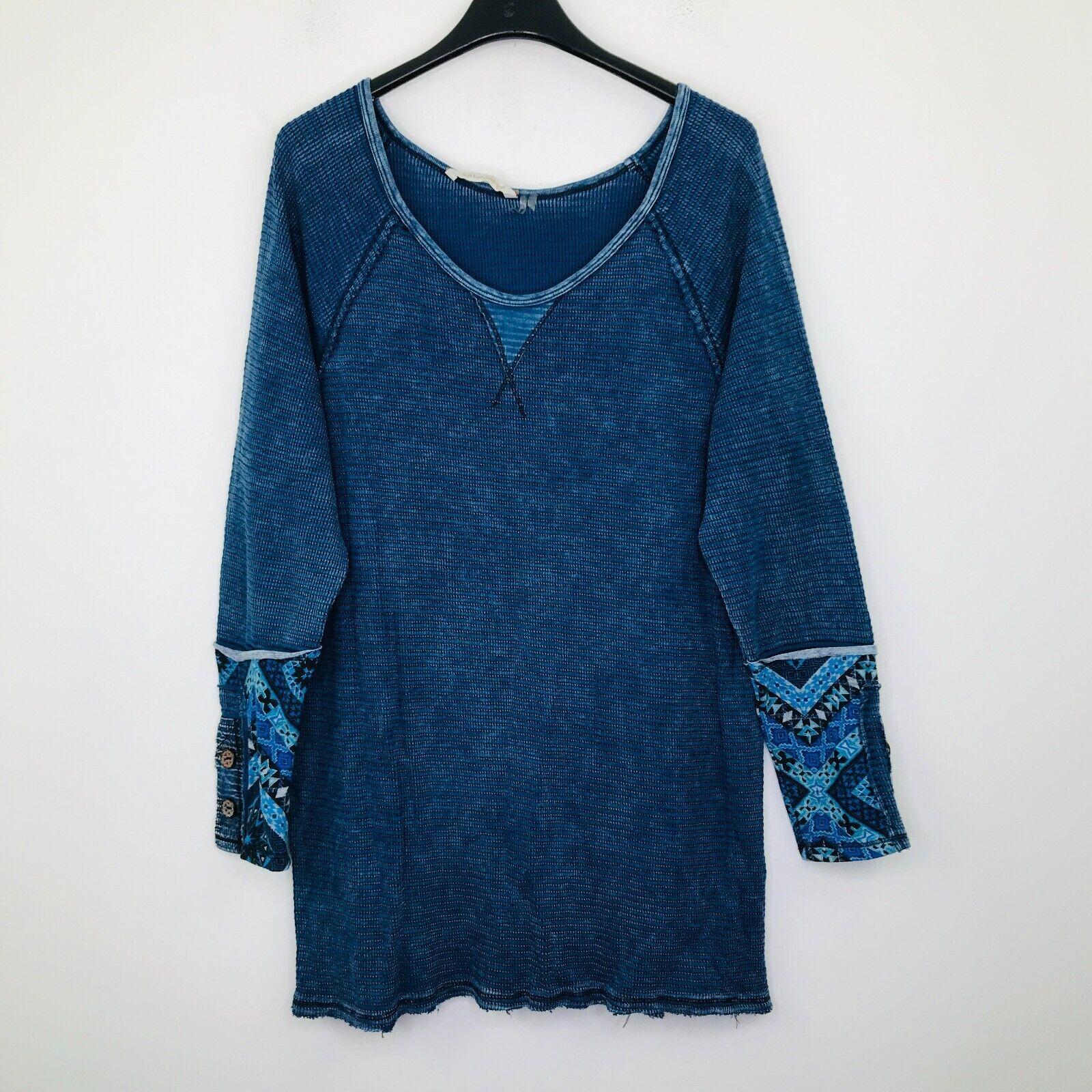 Soft Surroundings Women’s Large Shirt Blue Raglan Thermal Tao Contrast Cuff CC1