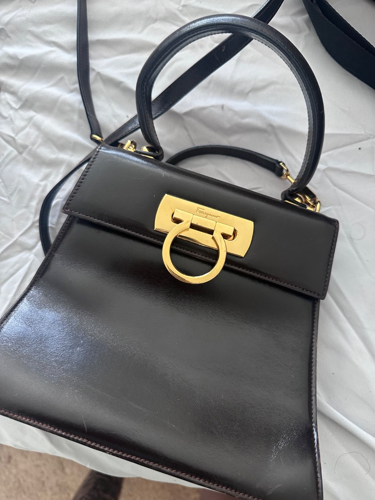 Vintage Salvatore Ferragamo Gancini Top Handle Crossbody Bag Black Leather Gold