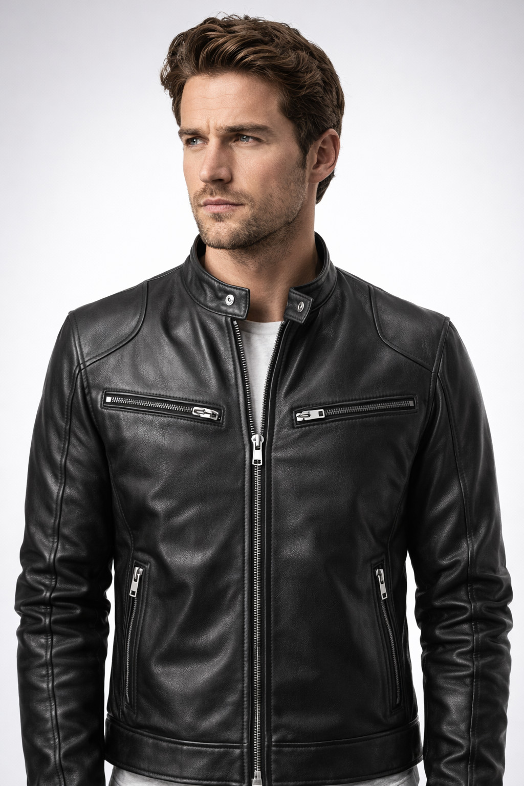 Men’s Black Cafe Racer Leather Jacket – Motorcycle Slim Fit – Biker Moto Coat