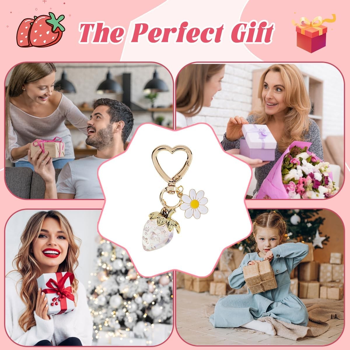 Strawberry White Pink Red Bag Charm Keychain for Purse Handbag Women Gift