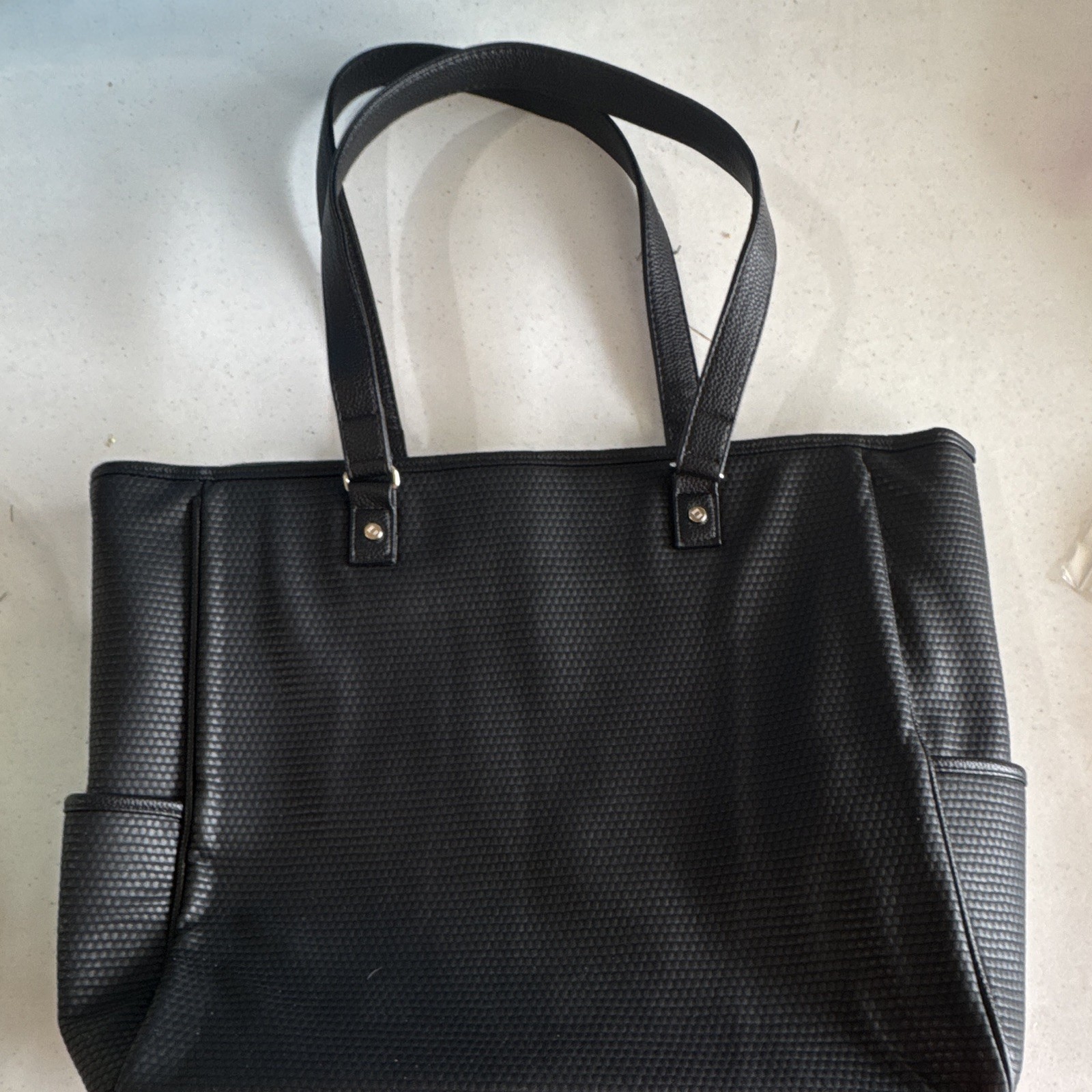 Thirty-One Black Textured Tote Bag Zip Closure Polka Dot Lined w/ Pouch