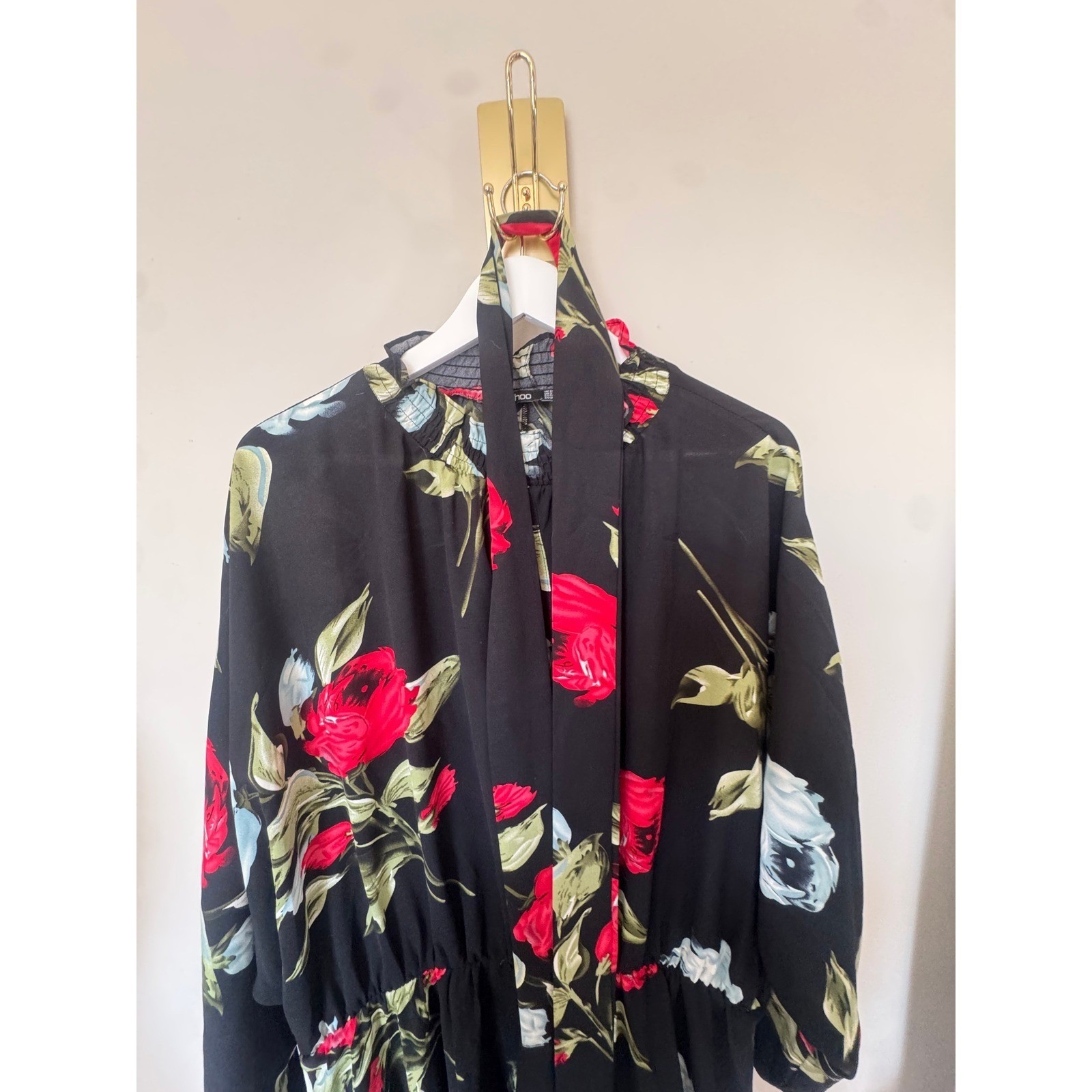 Boohoo Black Red Rose Floral Smocked High Neck Mini Dress Plus Size US 20