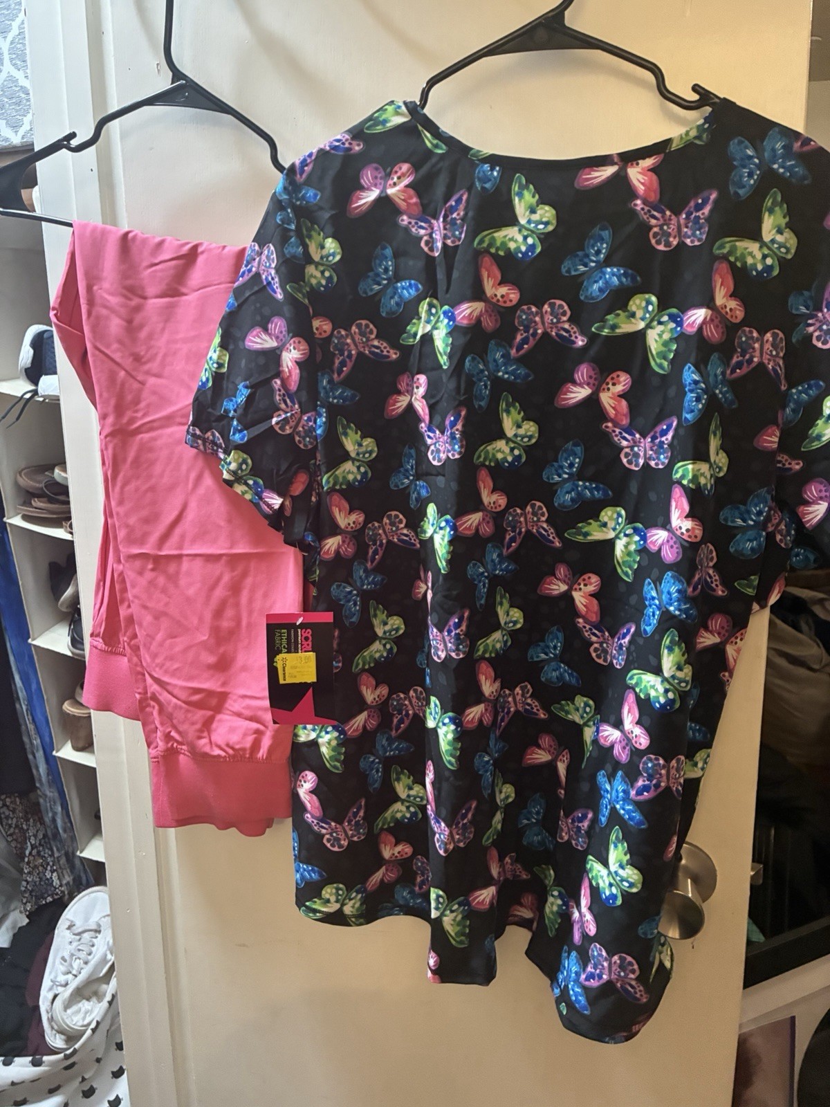 Scrubstar Women’s Medical Scrub Set Black Butterfly Top Pink Pants Size L