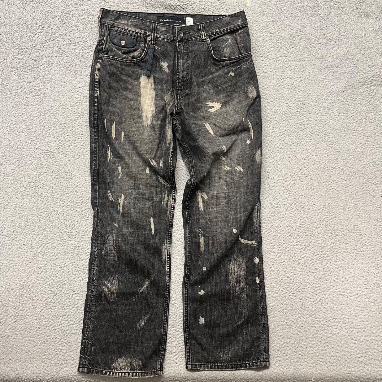 Rocawear Jeans Mens 38×34 Black Paint Splatter Y2K Grunge Denim Hip Hop Baggy