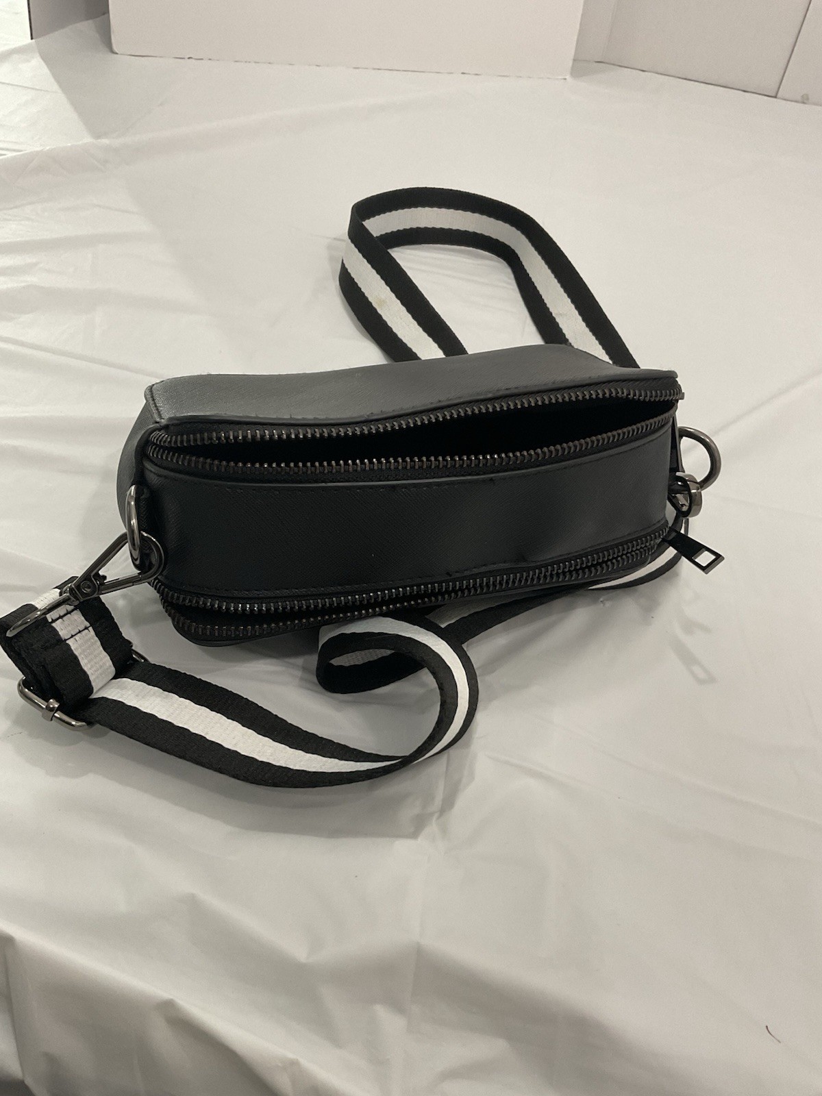 Black Crossbody Bag Silver Hardware Zipper Accent Striped Strap for Women