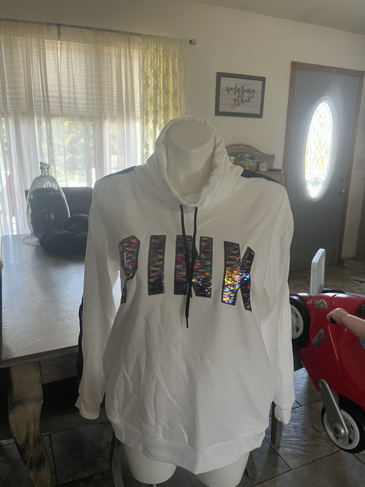 VictoriaSecret PINK L Campus Bling Sequins Glitter Rainbow Cowl Neck Hoodie 💜