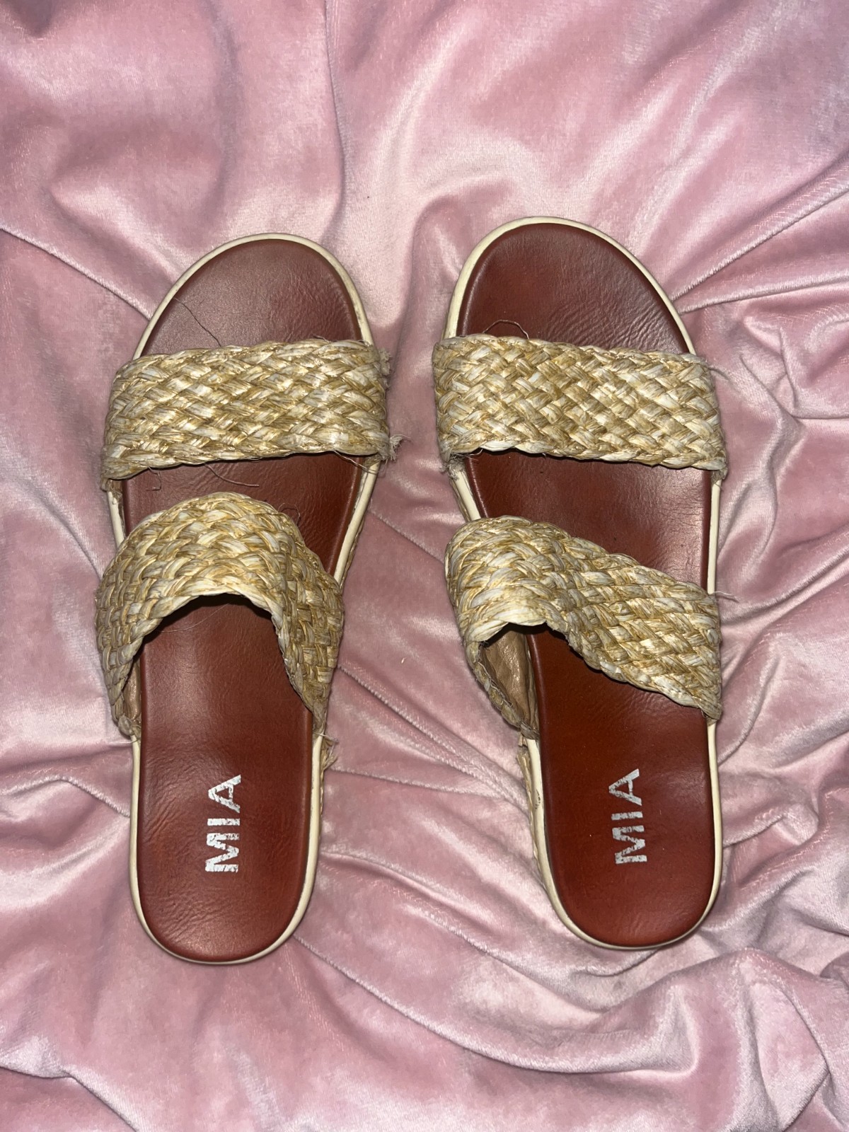 MIA Woven Slide Sandals Women’s Size 8.5 Natural Straw Double Strap Slip On Boho