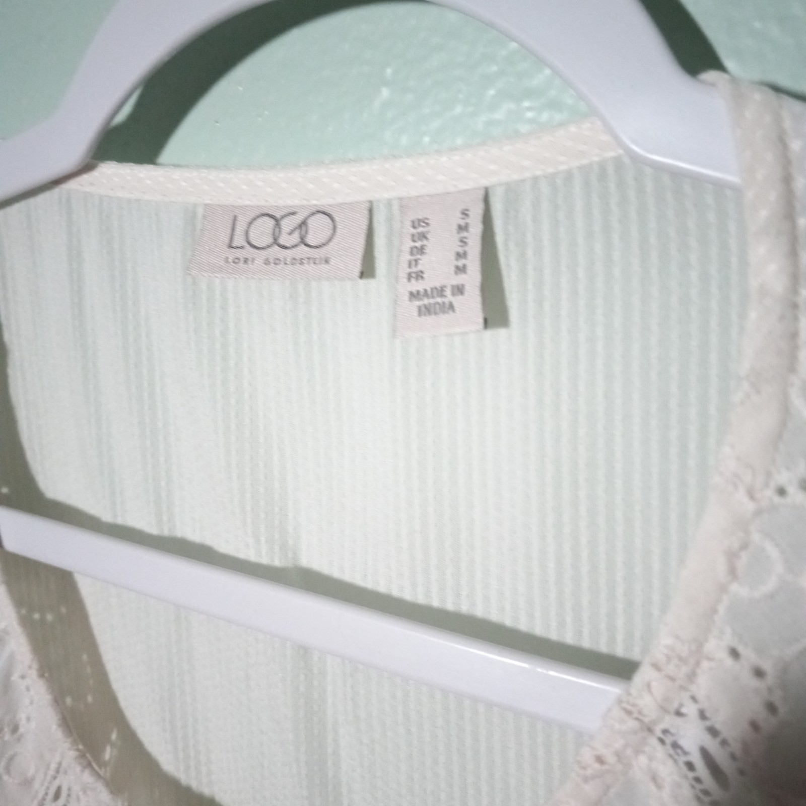 LOGO by Lori Goldstein Top Blouse size Small, Ivory Lace Eyelet Sheer Ruffle