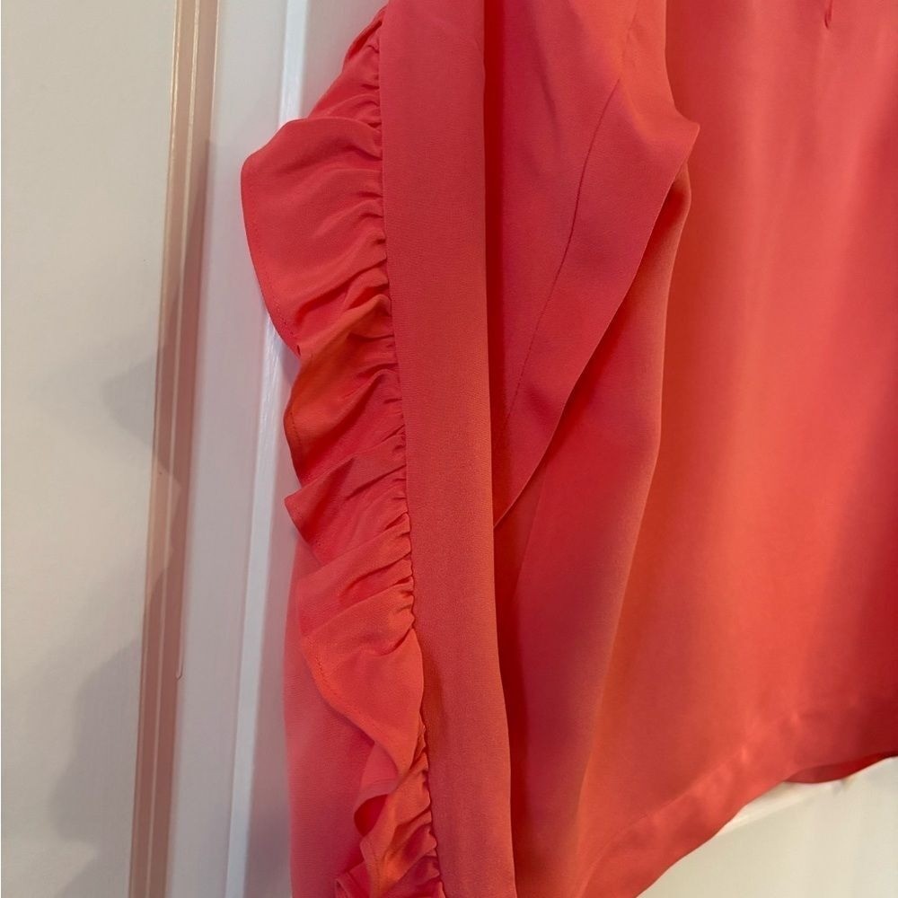 J.Crew 100% Silk Coral Red Blouse Size 2 Ruffle Sleeve Tomato Red Top Workwear
