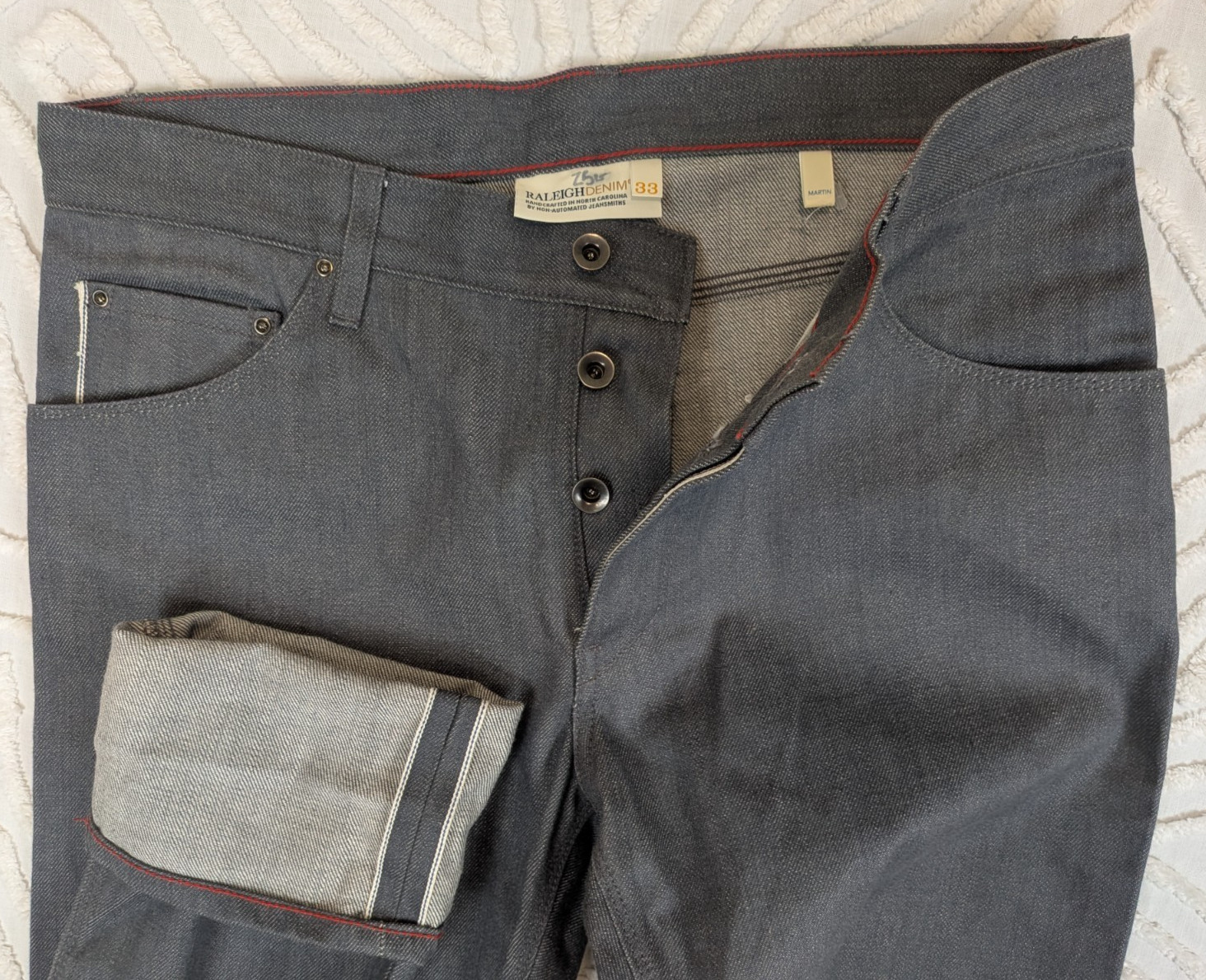 Raleigh Denim Jeans Raw Straight Selvedge Mens 34×34 Gray USA Martin Slim Taper