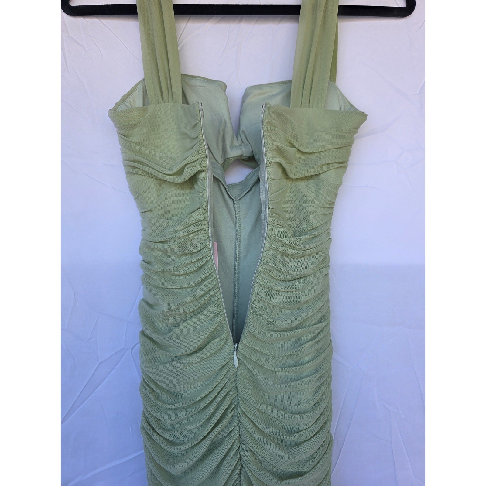 Hello Molly Sage Green Ruched Mesh Dress V-Wire Mermaid Hem Formal Gown NWT XS