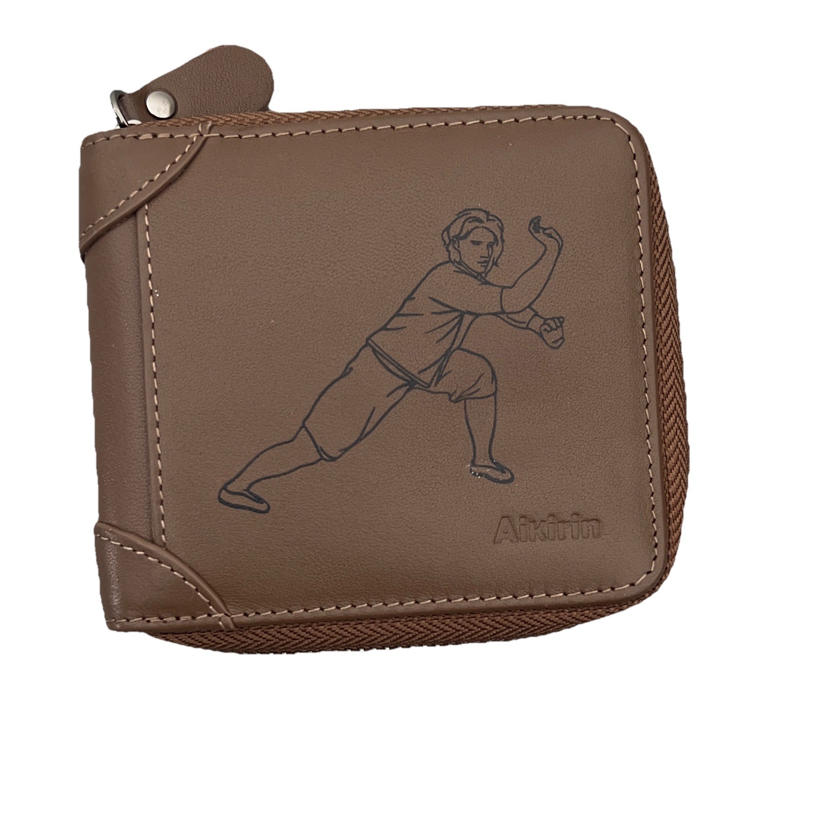 Aikirin Brown Zip-Around Bifold Wallet w/ ID Window & Credit Card Slots
