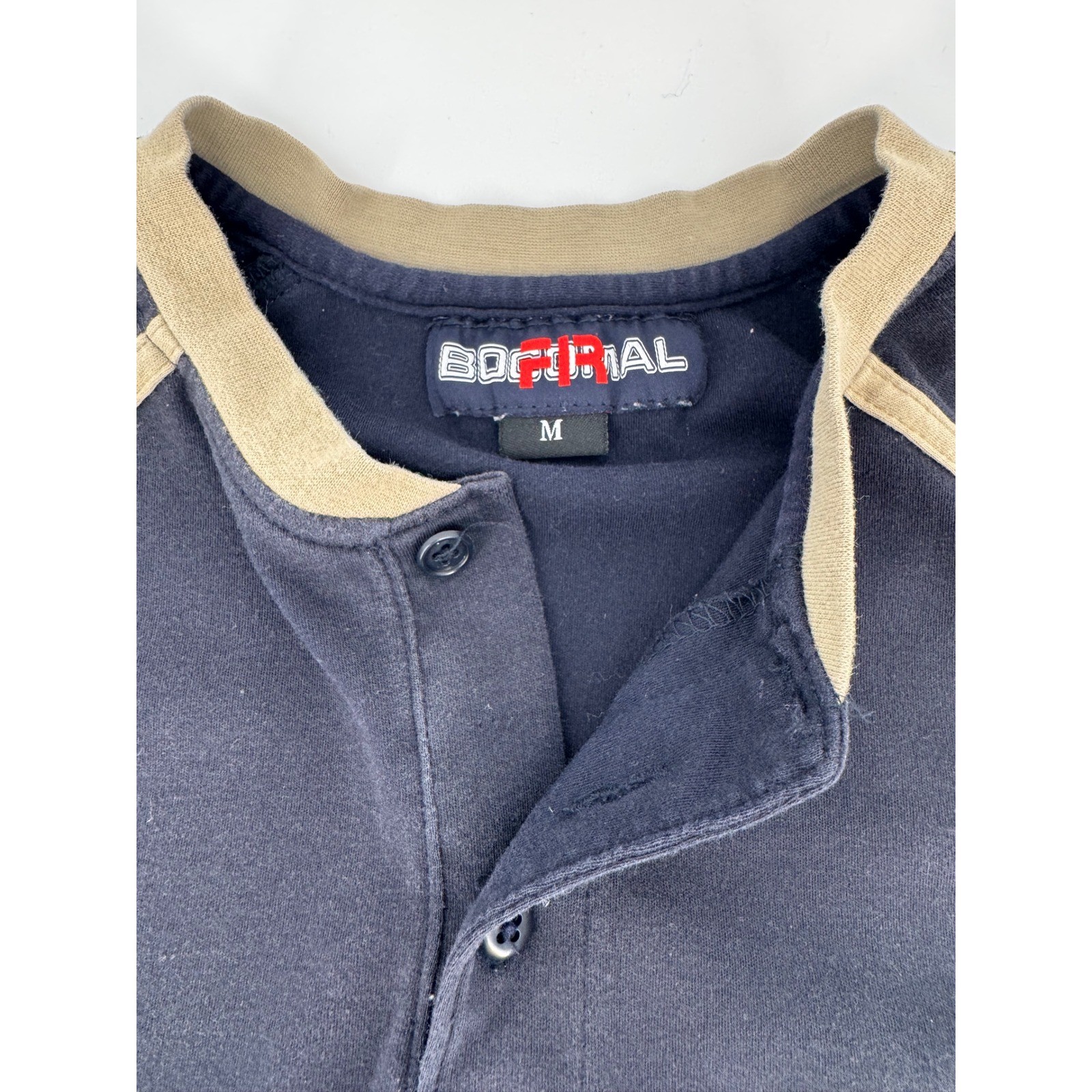 Bocomal FR Flame Resistant Henley Work Shirt Navy Blue Tan CAT 2 Mens Medium