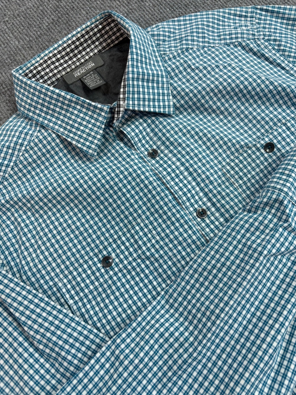 Kenneth Cole Reaction Mens Size Medium Flip Cuff Long Sleeve Teal Blue Checks