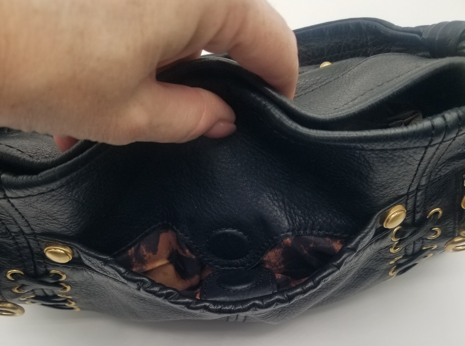 B Makowsky Black Pebble Leather Hobo Bag Gold Hardware Corset Lace Up, Side Zips