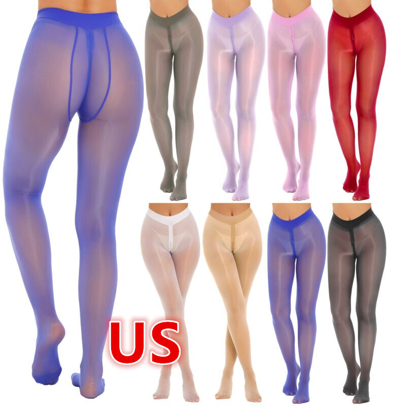US Womens Solid Color See-through Pantyhose Zipper Crotch Footed Ice Silk Pant