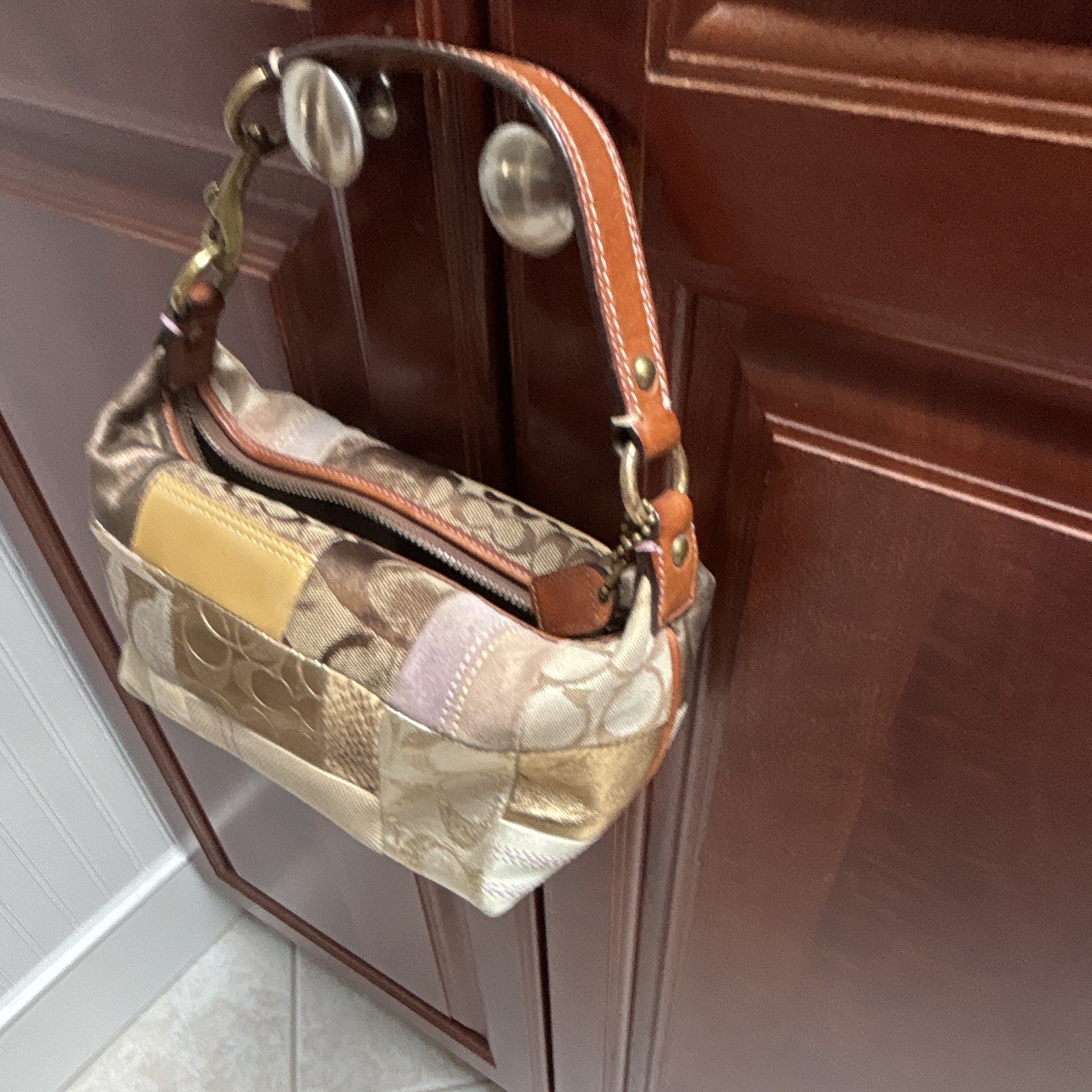 Vintage Coach Patchwork Logo Shoulder Bag Gold Brown Beige Purple Small Designer